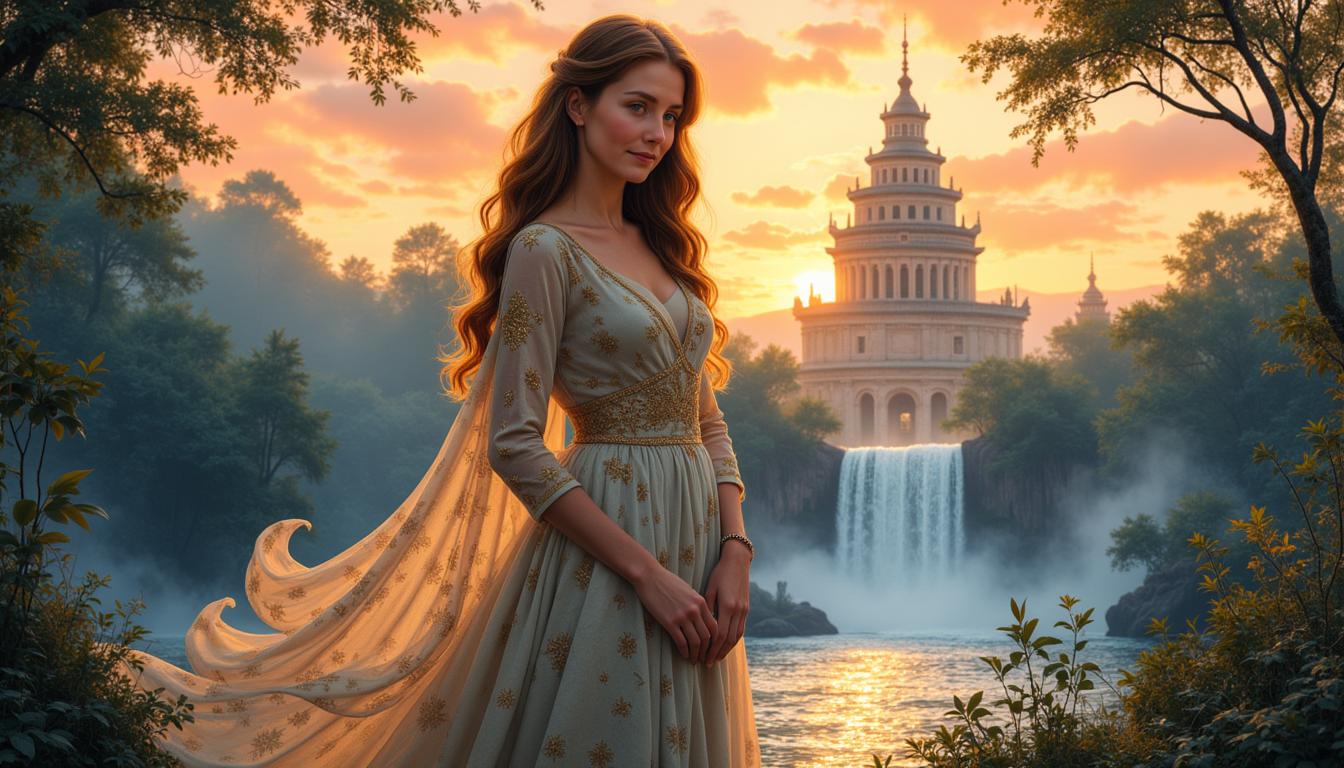 Kira1, 1, standing gracefully with her wavy hair cascading over her shoulders, hands gently folded in front of her, dressed in a resplendent vintage gown with golden embroidery. Her serene expression radiates calm wisdom. The twilight sky glows behind her, a majestic tower and waterfall completing the scene. Fine ink pen illustration style, reminiscent of vintage comic art, 4k clarity, soft blush, subtle shadows.