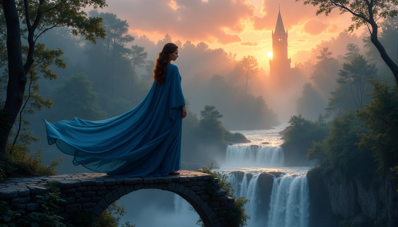 Kira1, depicted in a wide-angle composition, standing atop an arched stone bridge spanning the waterfall. Her gown flows in the evening wind, echoing the grandeur of the distant tower. Background drenched in twilight hues and mystical glow. Vector art, intricate details, soft shadows, vintage beauty with time traveler elegance.