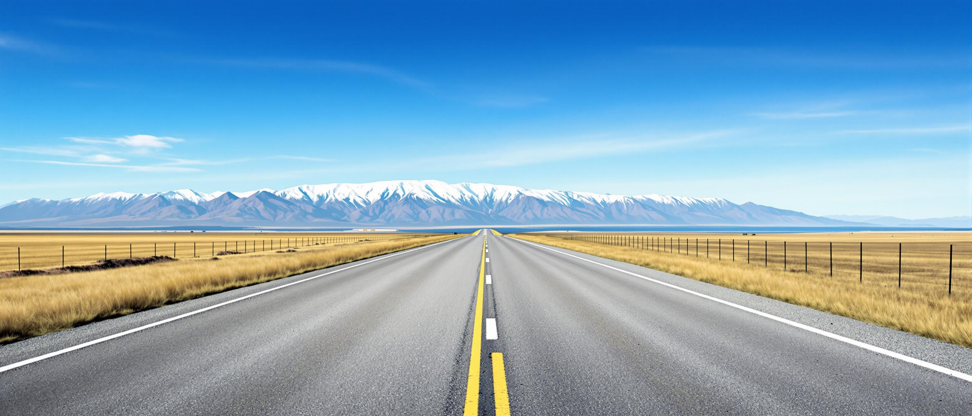This image captures a straight, twolane highway stretching into the horizon under a vast sky. The road is paved with grey asphalt and is marked with white dashed lines down the center and yellow dashed lines on the left side, indicating the lane for oncoming traffic. The road is bordered by grassy verges on both sides, with a fence running parallel to the right side of the road, separating the highway from the surrounding grasslands.In the distance, theres a mountain range with snowcapped peaks, suggesting a high altitude or a region that receives significant snowfall. The mountains are a soft bluegrey, blending with the sky, and the snow is a bright white, standing out against the darker mountain shadows.The sky is a clear, deep blue, with a few wispy, light clouds scattered across the expanse. The clouds are a pale, almost white color, and they are spread out, not densely packed, which contributes to the sense of openness in the sky. The art style of the image is realistic, capturing the natural beauty of the landscape with attention to detail and color. The medium appears to be a digital photograph, given the clarity and sharpness of the image.Overall, the image conveys a sense of tranquility and the vastness of nature, with a focus on the interplay between the manmade road and the natural world.