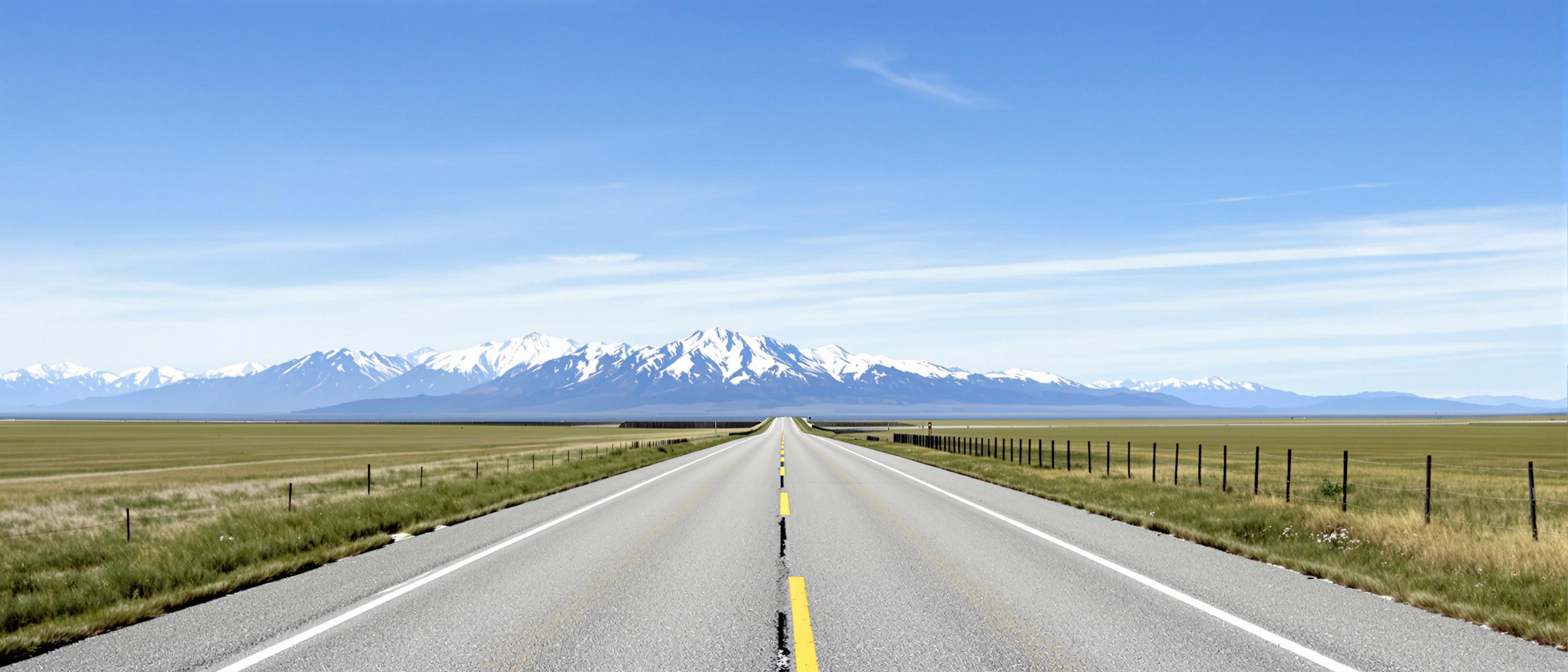 This image captures a straight, twolane highway stretching into the horizon under a vast sky. The road is paved with grey asphalt and is marked with white dashed lines down the center and yellow dashed lines on the left side, indicating the lane for oncoming traffic. The road is bordered by grassy verges on both sides, with a fence running parallel to the right side of the road, separating the highway from the surrounding grasslands.In the distance, theres a mountain range with snowcapped peaks, suggesting a high altitude or a region that receives significant snowfall. The mountains are a soft bluegrey, blending with the sky, and the snow is a bright white, standing out against the darker mountain shadows.The sky is a clear, deep blue, with a few wispy, light clouds scattered across the expanse. The clouds are a pale, almost white color, and they are spread out, not densely packed, which contributes to the sense of openness in the sky. The art style of the image is realistic, capturing the natural beauty of the landscape with attention to detail and color. The medium appears to be a digital photograph, given the clarity and sharpness of the image.Overall, the image conveys a sense of tranquility and the vastness of nature, with a focus on the interplay between the manmade road and the natural world.