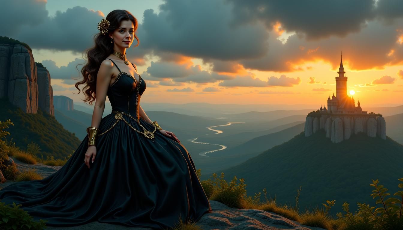 Kira, Kira, portrayed as a noblewoman from a lost steampunk realm, wearing a dark velvet gown with subtle brass elements, her long wavy hair pinned partially back with ornate gears. She stands beside the boulder, overlooking the illuminated tower at dusk. Ink illustration style, vintage line textures, soft golden rim lighting, high detail, 4k vector artwork.