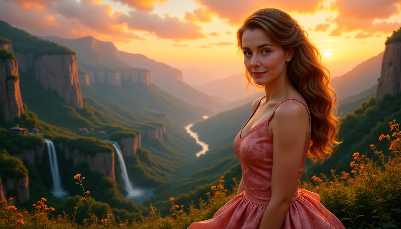 Kira, Kira1, Corinna the Countess of Lightland, Artgerm-inspired digital painting, Vintage curly hairstyle, clad in a stunning dress, looking at you, against a dramatic landscape bathed in the magic glow of twilight, stunning valley, waterfall, Dream-Villa, backlighting, soft shadows, vibrant skyline, intricate fabric textures, hyper-detailed, golden hour ambiance, ultra realistic.
