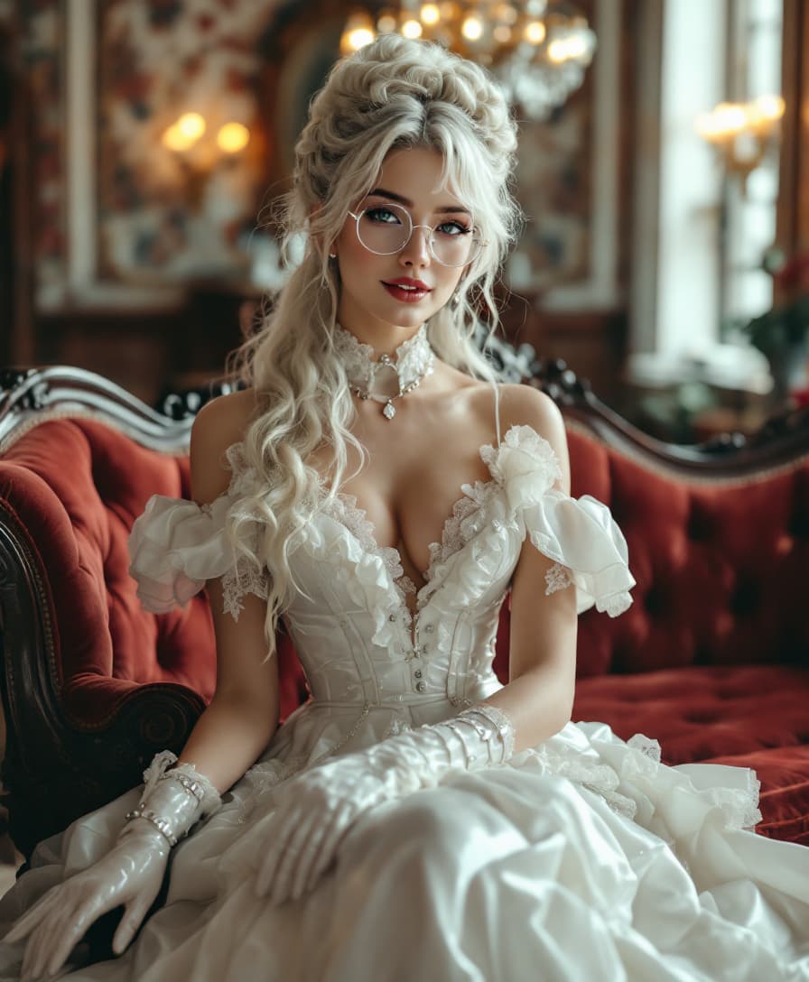 A stunning young woman dressed in a Victorian-era Lolita dress crafted from shiny white latex, the material reflecting light with a glossy sheen, accentuating every ruffle and pleat of the intricate design. She wears delicate lacy gloves that add a touch of elegance, paired with shiny white ankle boots featuring a striking 6-inch chunky heel with straps and silver buckles, polished to a mirror-like finish. Her platinum hair cascades thick and long down her back and shoulders from the updo on her head, styled into soft, voluminous curls and waves that frame her face with a romantic allure. She accessorizes with round wire-rimmed glasses with circular lenses, adding a quirky yet sophisticated charm. Her kind and friendly smile radiates warmth as she sits gracefully on a large, opulent Victorian-era couch upholstered in rich burgundy velvet, adorned with ornate wooden carvings. The scene unfolds in a grand parlor, filled with vintage charm—think elaborate floral wallpaper, polished mahogany furniture, and a crystal chandelier casting a soft, golden glow. The composition focuses on her centered on the couch, captured from a slightly low angle to emphasize her poised demeanor and the grandeur of the setting. The mood is warm and inviting, with late afternoon sunlight streaming through tall, draped windows, creating a cozy yet regal atmosphere. Rendered in a hyper-realistic style with attention to fine details, high contrast lighting, and a painterly texture reminiscent of 19th-century portraiture, ensuring every element—from the sheen of the latex to the intricate lace—feels vivid and lifelike.