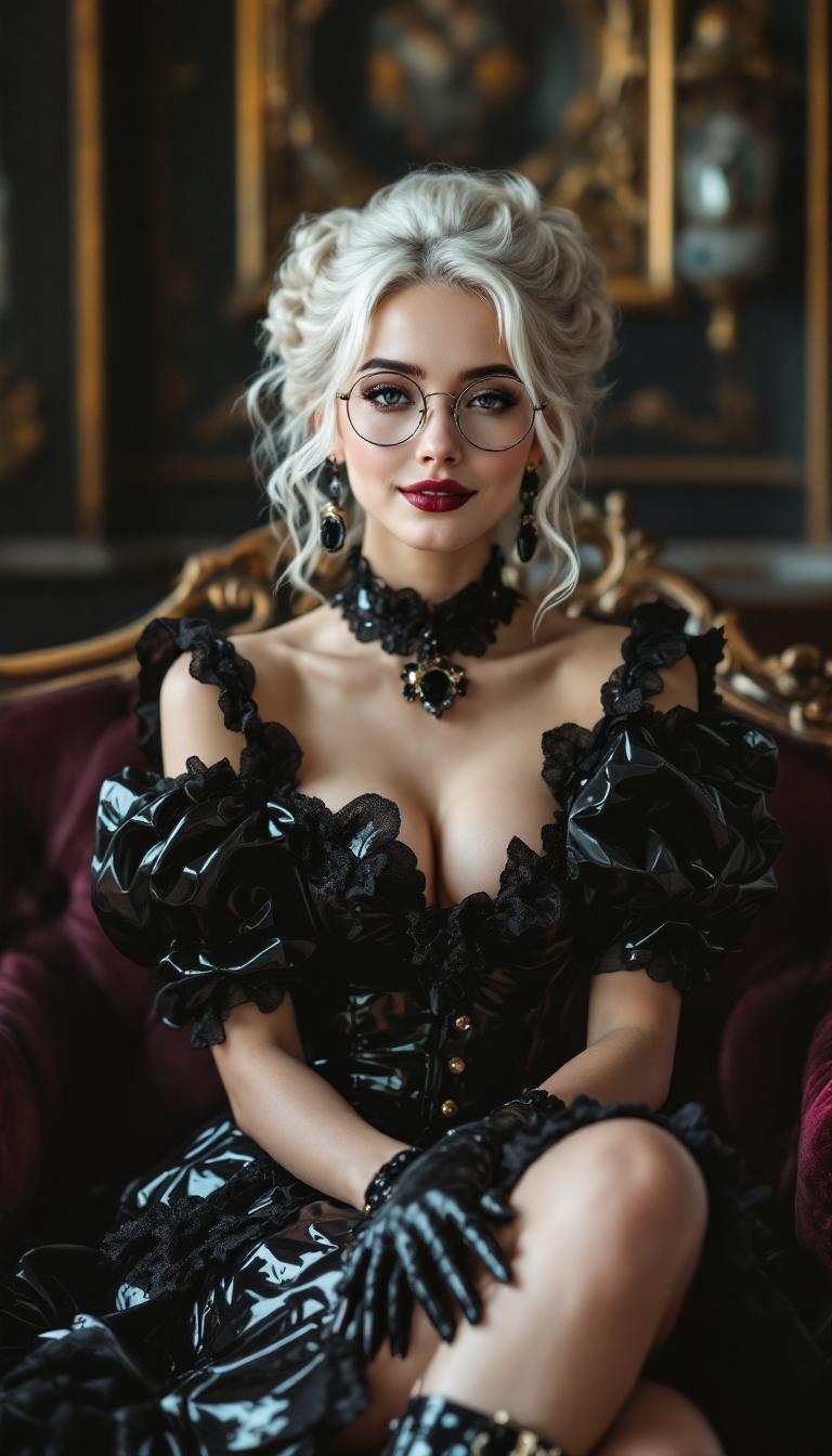 A breathtaking portrait of a young woman exuding elegance, dressed in a Victorian-era Lolita dress made of glossy black latex that shimmers with a reflective sheen, highlighting every meticulously crafted ruffle, pleat, and bow of the intricate design. Her delicate lacy black gloves add a layer of refined sophistication, while her shiny black latex ankle boots, featuring bold 6-inch chunky heels with striking straps and polished silver buckles, gleam with a mirror-like finish. Her platinum hair, styled in a romantic updo with thick, voluminous curls and waves, cascades down her back and shoulders, softly framing her face with an ethereal allure. She wears round wire-rimmed glasses with circular lenses, lending a quirky yet intellectual charm to her appearance. Her kind, friendly smile radiates warmth and approachability as she sits with poised grace on a luxurious Victorian-era couch, upholstered in deep burgundy velvet and adorned with intricate wooden carvings. The setting is a grand, vintage parlor steeped in old-world charm, featuring elaborate floral wallpaper in muted golds and greens, polished mahogany furniture, and a sparkling crystal chandelier casting a warm, golden glow across the room. Tall, draped windows allow late afternoon sunlight to stream in, bathing the scene in a soft, diffused light that enhances the cozy yet regal atmosphere. The composition centers her on the couch, captured from a slightly low angle to emphasize her dignified posture and the opulent surroundings, with the camera framing her as the focal point amidst the detailed backdrop. The mood is inviting and nostalgic, evoking a sense of timeless beauty and serenity. Rendered in a hyper-realistic style with a painterly texture inspired by 19th-century portraiture, the image showcases high contrast lighting, intricate details, and vivid textures—from the glossy latex and delicate lace to the rich velvet and ornate woodwork—creating a lifelike and immersive visual experience.
