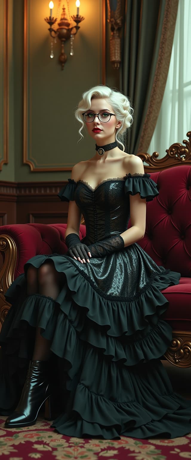 A breathtaking portrait of a young woman exuding elegance and timeless charm, her eyrs are a burning glowing green color, dressed in a Victorian-era Lolita dress crafted from glossy black latex that shimmers with a reflective, mirror-like sheen, accentuating every meticulously detailed ruffle, pleat, and bow in its intricate design. Her delicate black lace gloves add a layer of refined sophistication, while her shiny black latex ankle boots, boasting bold 6-inch chunky heels with striking straps and polished silver buckles, gleam with a flawless, high-gloss finish. Her platinum hair is styled in a romantic updo, with thick, voluminous curls and waves cascading down her back and shoulders, softly framing her face with an ethereal, angelic allure. Round wire-rimmed glasses with circular lenses perch on her nose, blending quirky intellectual charm with her poised demeanor. Her cruel, evil smile radiates sadism and dominance as she sits with graceful composure on a luxurious Victorian-era couch, upholstered in deep burgundy velvet with intricate wooden carvings along its frame. The setting is a grand, vintage parlor steeped in old-world opulence, featuring elaborate floral wallpaper in muted golds and greens, polished mahogany furniture, and a sparkling crystal chandelier casting a warm, golden glow that dances across the room. Tall, draped windows allow the light of the full moon to stream in, bathing the scene in a soft, diffused light that enhances the dark yet regal atmosphere. The composition centers her on the couch, captured from a slightly low angle to emphasize her dignified posture and commanding presence, with the camera framing her as the focal point amidst the richly detailed backdrop of ornate decor. The mood is inviting and nostalgic, evoking a sense of timeless beauty and serene tranquility. Rendered in a hyper-realistic style with a painterly texture inspired by 19th-century portraiture, the image showcases dramatic high-contrast lighting, intricate details, and vivid textures—from the glossy sheen of the latex and delicate intricacy of the lace to the plush richness of the velvet and the ornate grain of the woodwork—creating a lifelike, immersive visual masterpiece with a cinematic depth of field and meticulous attention to every element.