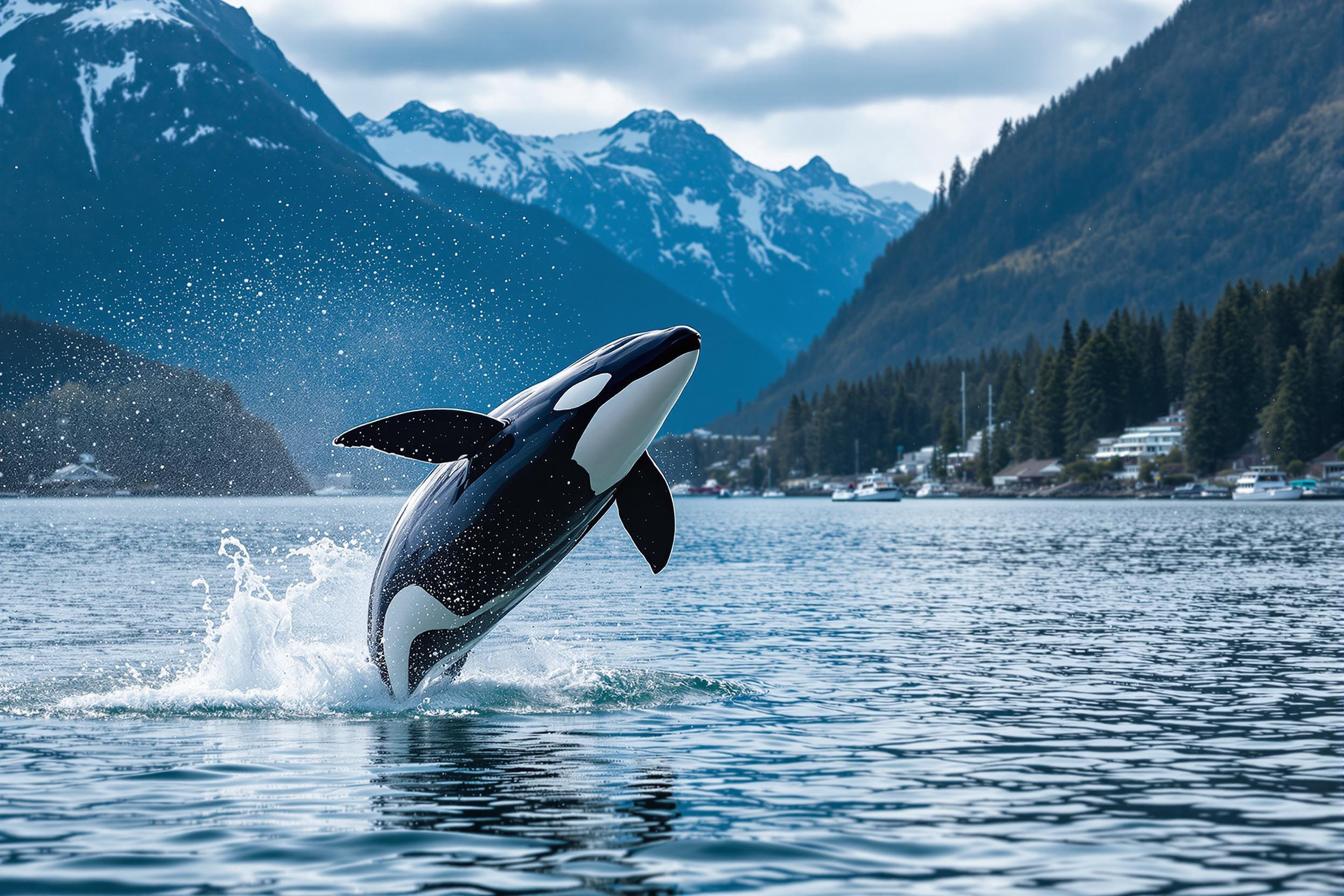 Create a realistic photography image logo style for British Columbia Sovereignty referendum support, Vancouver, Pacific, Mountains, Killer whale jumping