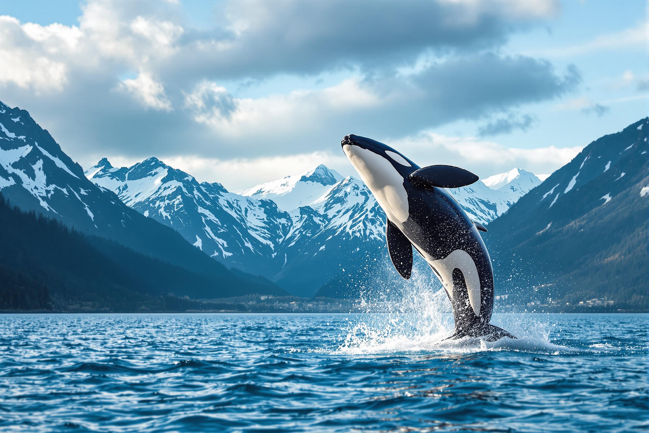 Create a realistic photography image logo style for British Columbia Sovereignty referendum support, Vancouver, Pacific, Mountains, Killer whale jumping