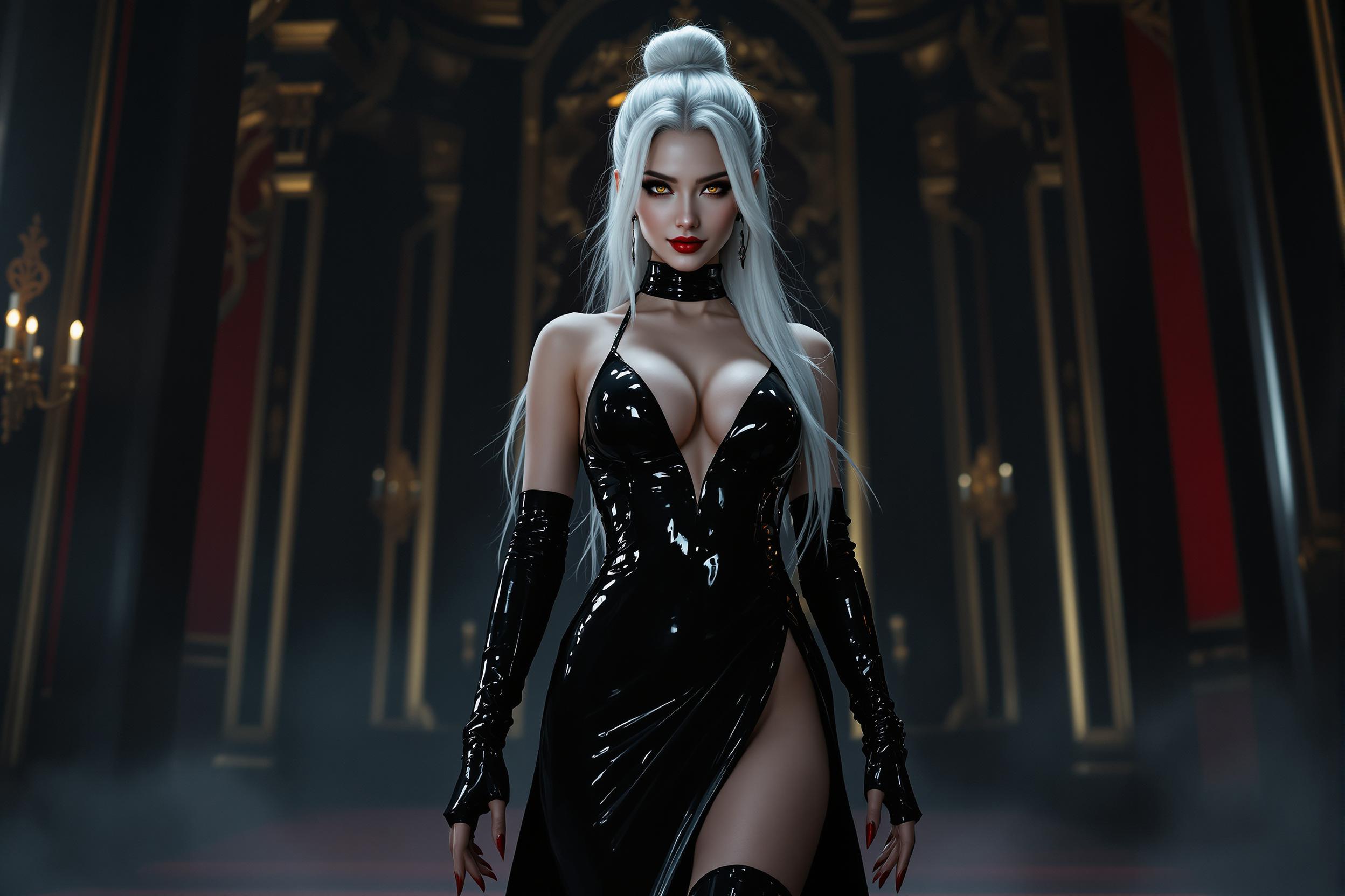 A striking young woman with long, white hair cascading down her back from a small, elegant bun atop her head, her face adorned with a cruel, wicked smile that sends shivers down the spine. Her amber-colored eyes, with a subtle Asian cast, gleam with malice and intensity under the soft, dramatic lighting. She wears a form-fitting, shiny black latex evening gown, the fabric reflecting light with a glossy sheen, featuring high slits on each side that reveal her long, toned legs with every movement. The gown's plunging neckline accentuates her ample cleavage, exuding a dangerous allure. Her arms are encased in shoulder-length, shiny black latex fingerless gloves, showcasing her long, slender fingers tipped with sharp, blood-red nails that look deadly and precise. Her legs are clad in thigh-high shiny black latex boots with towering 6-inch heels, adding to her commanding presence. The scene is set in a dimly lit, opulent gothic ballroom, with deep crimson and black tones dominating the background, intricate gold detailing on the walls, and a faint mist curling around her feet, enhancing the sinister atmosphere. The composition focuses on her standing confidently in the center, slightly angled to the side to emphasize the gown's slits and her powerful stance, captured from a low camera angle to heighten her dominance. The style is hyper-realistic with a cinematic flair, inspired by dark fantasy art and high-fashion photography, featuring sharp contrasts, rich textures, and a haunting, seductive mood under the cool, shadowy light of a moonlit night.