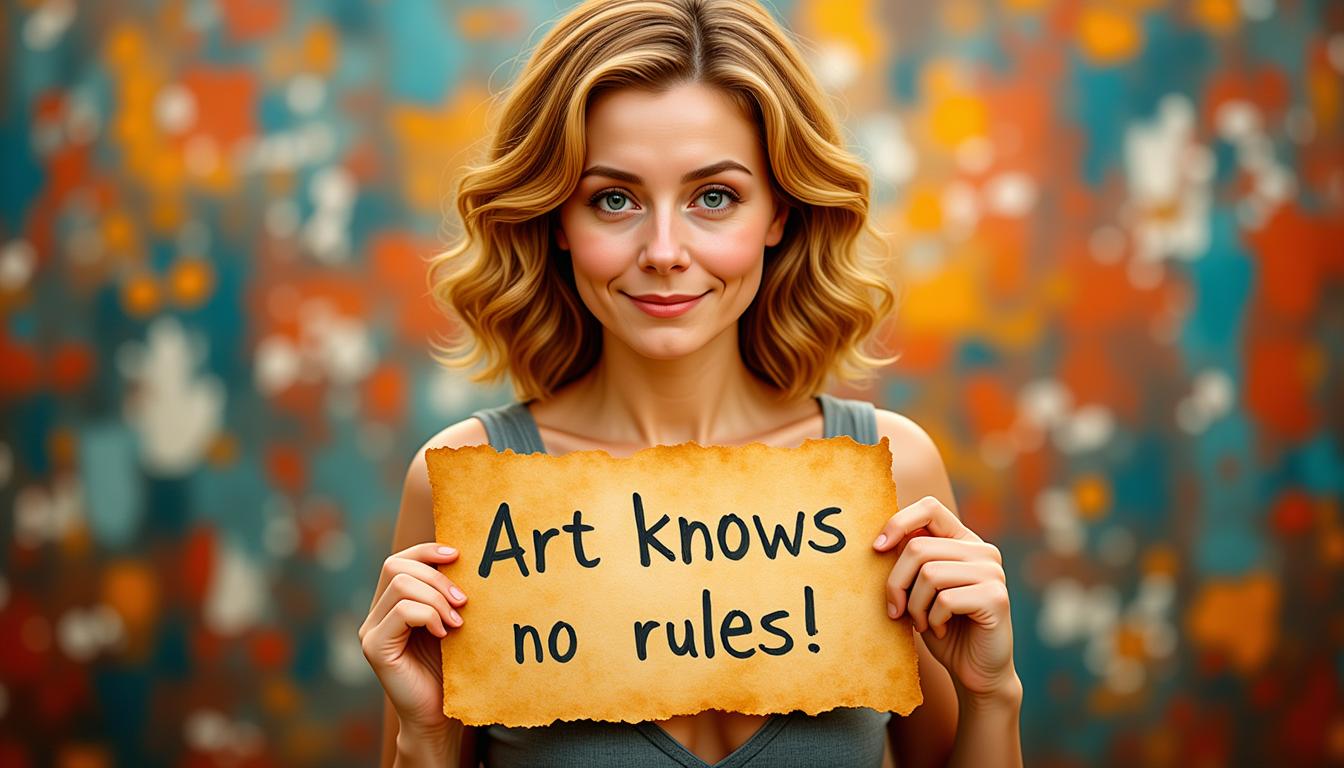 Kira, Kira1, A digital painting of Kira, a beautiful woman with expressive eyes and vintage blonde curls, standing in front of an abstract gallery backdrop. She wears a stylish dress and holds up a creative sign made of parchment, handwritten with the phrase: “Art knows no rules!” Her expression is playful yet assertive. The atmosphere is vibrant and artistic, with brushstroke textures in the background, evoking freedom of expression and imagination.