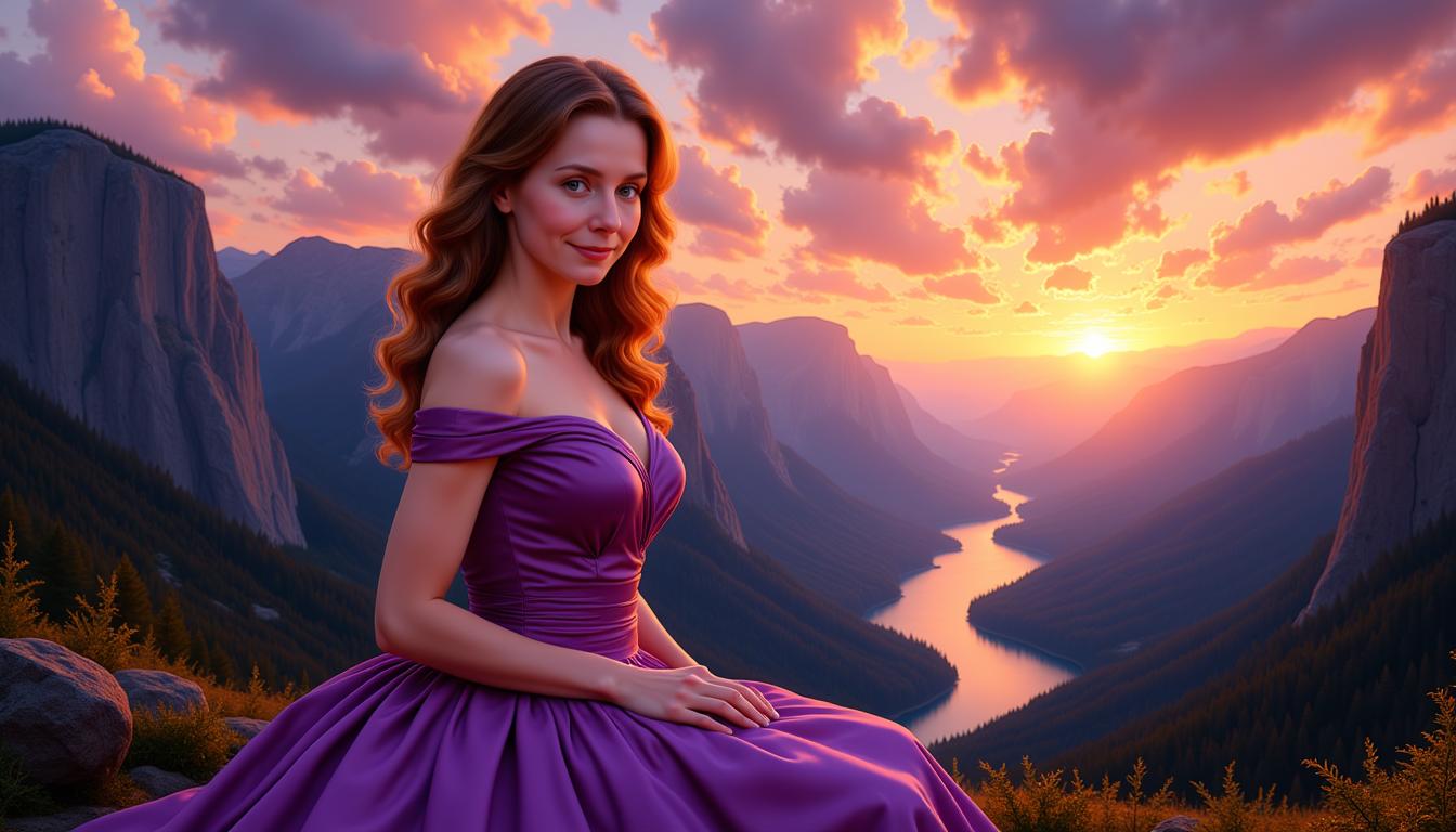 Kira, Kira1, 1, Helena the Empress of Artland, Boris Vallejo inspired digital painting, beauty Vintage curly hairstyle, clad in a stunning purple dress, looking at you, smiling, against a dramatic landscape bathed in the magic glow of twilight, stunning rock valley, forrest, Dream-View, Lake, backlighting, soft shadows, vibrant skyline, intricate fabric textures, hyper-detailed, golden hour ambiance, ultra realistic.