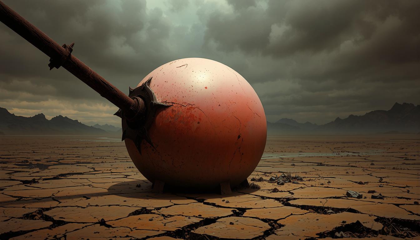 FantasyArt style, low-light horror movie scene, colorful gradients., A surreal and dramatic scene featuring a colossal, larger-than-life female figure with exaggerated, gigantic vagina, impaled by a massive, rusty, oversized skewer. The texture of the skin is smooth yet glistening with a faint sheen of sweat or oil, contrasting sharply with the rough, corroded surface of the skewer, which is covered in patches of dark rust and jagged edges. The setting is a desolate, dried-out riverbed under a gloomy, overcast sky, with muted tones of gray and sepia dominating the color palette. Mudcracks, Desiccation Cracks,. The lighting is harsh and directional, casting long, eerie shadows across the cracked, dry ground littered with debris. The composition centers the figure in a towering, dominant position, with the camera angled slightly upward to emphasize her immense scale and the grotesque impalement. The style is hyper-realistic with elements of dark fantasy art, reminiscent of H.R. Giger's biomechanical aesthetic, blending organic and industrial horror. The mood is unsettling and macabre, evoking a sense of decay and desolation, with a faint mist lingering in the air to enhance the ominous atmosphere. Rendered with intricate detail, high contrast, and a focus on photorealistic textures to highlight the grotesque beauty of the scene.