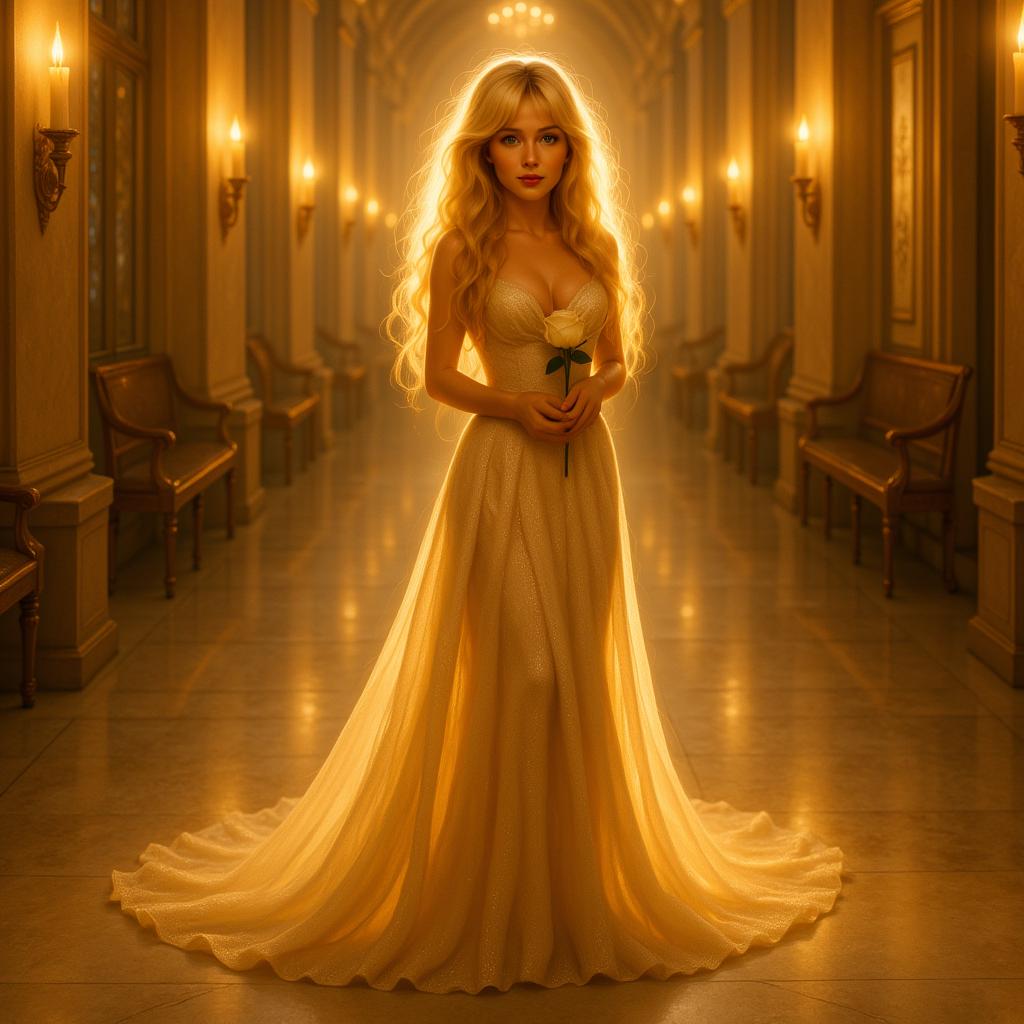Kira12a, Kira12a, elegant young woman in a soft golden evening dress, long voluminous white-blonde curls styled with side-swept bangs, standing barefoot in a candlelit marble hall, glowing chandeliers above, soft flickering light reflecting on her delicate skin, holding a single white rose near her heart, expression serene and timeless, soft vintage elegance, dreamy cinematic lighting, 80s-inspired romantic flair, ultra detailed, photorealistic, Artgerm and James Jean inspired
