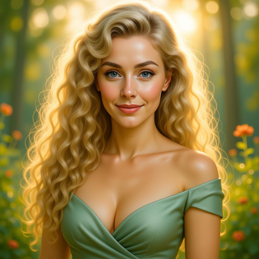 -Original-Zip12, 2a, Kira12B, Kira12B, , Flora Aurora, Portrait of handsome Goddess with long blonde curly hair, looks like a fusion of Olivia Newton-John and Evangeline Lilly, breathtaking light green dress of silk, spring time magic, spring forestin, breathtaking view to the stunning spring landscape as background, daylight mood, looking at you, comic painting style by artgerm, 8K,  Canon 90D, atmospheric. Photorealistic, photorealism, perfect realistic art, smooth, aftereffects, sharp focus, hi - res, ultra intricate detail, ultra realistic detail, HDR gloomy, choker style colar, detailed face, magic fantasy, wow effect,