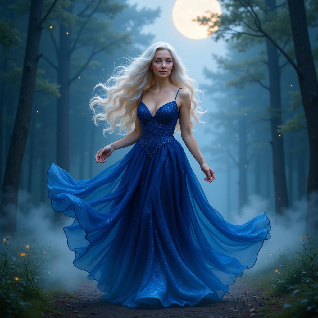 KIRA_SUNRISE, KIRA-SUNRISE-ZIP, Kira-Original-Zip, Kira-Super-Zip, Kira-Super, Kira-Pixie, Kira-Pixie-2, Kira-Curly-Pixie-Zip, Kira-Lux-Flux, Kira-Lux-Super, Mix-Kira, Kira, Kira1, Kira12, Kira12a, KiraVision, Kira12B, a beautiful woman with long, flowing white-blonde hair, wearing a deep sapphire blue gown with subtle glowing accents, standing in a misty forest clearing under moonlight, magical glowing fog surrounds her feet, soft starlight in the sky, delicate glowing particles in the air, her gaze calm and knowing, hair gently lifted by a breeze, cinematic dreamlike atmosphere, photorealistic, Artgerm + Greg Rutkowski + ethereal fantasy illustration style