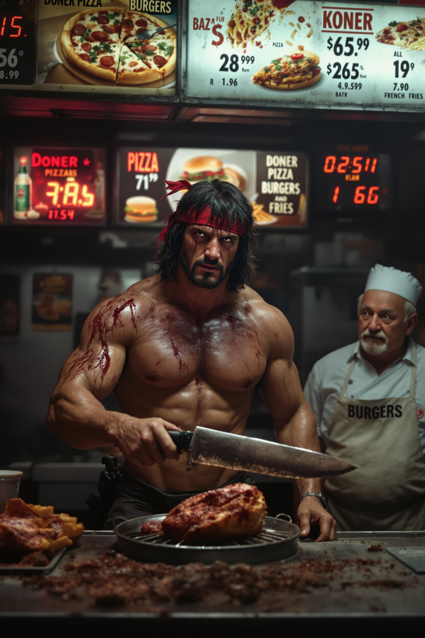 John Rambo, shirtless and muscular, wearing his iconic red headband, slightly wounded with scratches and dried blood on his torso. He stands behind the counter of a grimy late-night kebab shop. He holds his large, jagged survival knife threateningly against a rotating meat skewer, as if about to slit its throat. Next to him, an elderly kebab cook with a white chef hat and apron watches in fear. Behind them, faded illuminated fast-food menu boards display pictures and prices of Döner, Pizza, Burgers, and French Fries. The lighting is harsh and cinematic, with deep shadows and high contrast, evoking a tense action film scene. Ultra-realistic textures, shallow depth of field, dramatic composition, 35mm film look, moody atmosphere