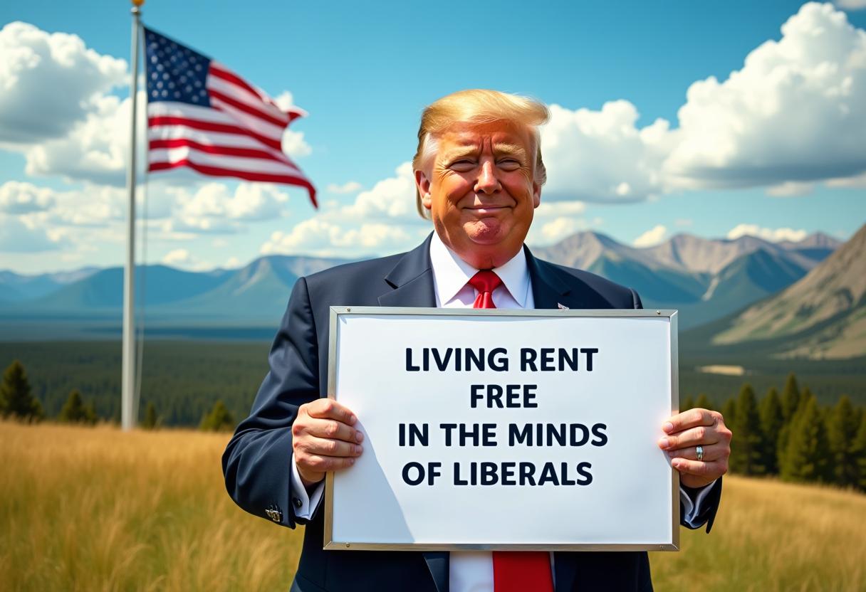 A striking, high-definition photograph of Donald Trump, captured in a confident pose, directly facing the viewer with a characteristic smirk. He holds a rectangular white sign with a polished metal rim, prominently displaying the bold text "LIVING RENT FREE IN THE MINDS OF LIBERALS" in a clean, sans-serif font, sharply contrasted against the white background. The sign is held at chest level, angled slightly for readability. In the expansive background, the breathtaking landscape of Yellowstone, Wyoming, unfolds with rolling green hills, rugged mountains, and a vibrant blue sky dotted with fluffy white clouds, bathed in the warm golden light of a late afternoon. To the left, a tall flagpole stands proudly, bearing a large, waving American flag with vivid red, white, and blue colors, rippling in a gentle breeze. The composition is framed in a medium-wide shot, with Trump positioned slightly off-center to balance the natural grandeur of the scenery and the symbolic flag. The mood is bold and provocative, with a clear, crisp focus on Trump and the sign, achieved through a shallow depth of field that softly blurs the distant landscape while maintaining its vivid detail. The style emulates professional portrait photography with a touch of political satire, emphasizing high contrast, sharp textures, and naturalistic lighting to evoke a sense of immediacy and power.