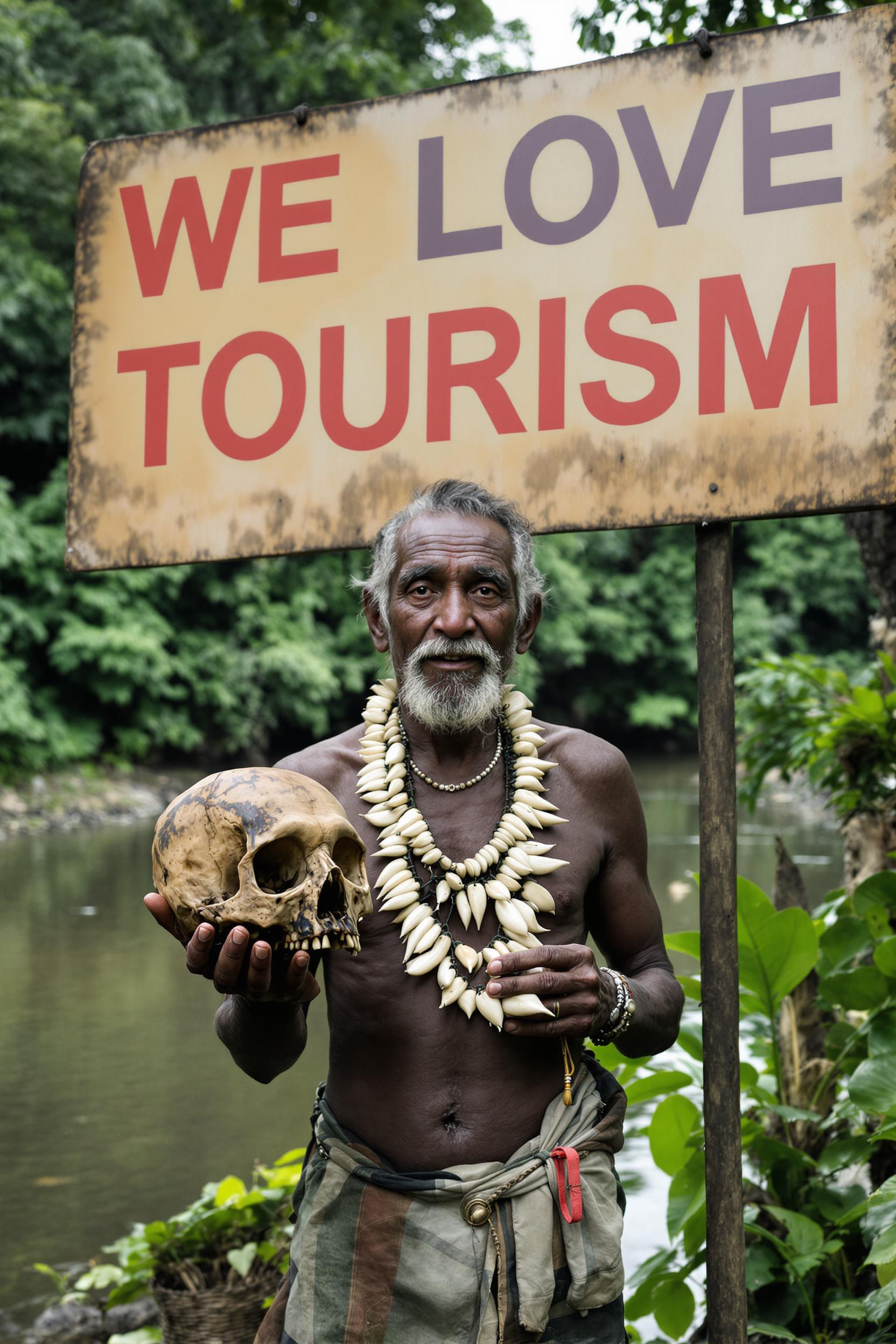 Text on a large sign reads "WE LOVE TOURISM." An old indigenous tribesman stands beside a tropical river, wearing a traditional necklace of white teeth and holding an ancient human skull in full view. Lush rainforest background with calm water. Documentary photography style. Natural lighting. Neutral expression. Environmental portrait. Tropical Amazon setting with a muted green color palette. Sharp focus on the subject. Soft blur on the background foliage. National Geographic style.
