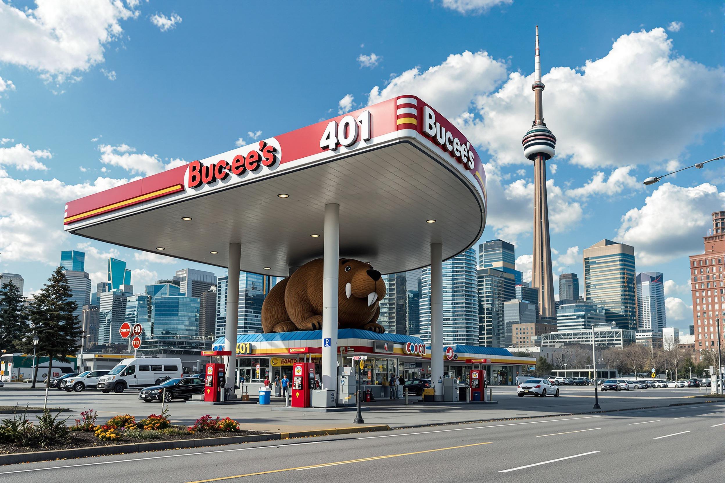 Create an image of a huge 40 pump Buc-ee’s gas station, with the bucee's beaver off the 401 in Toronto Canada, with the CN tower in the background and city.