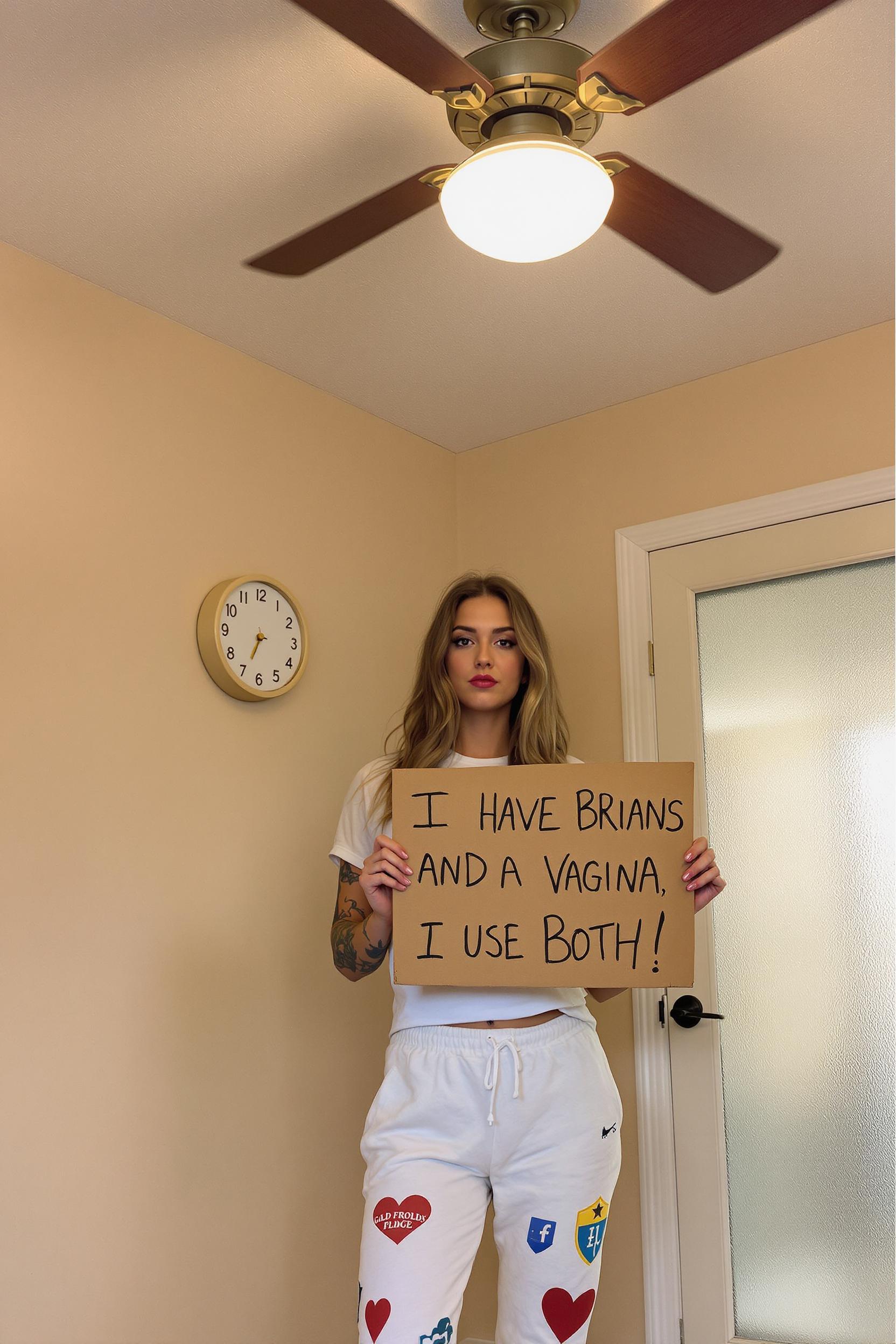 realistic photograph The walls are a soft, neutral beige, complemented by the light brown of the tiled floor. The beautiful female subjects clothing is a light, almost white color, with the patches on the pants adding pops of color. The ceiling fan blades are a dark brown, and the clock on the wall is a light wood tone with black numerals.The objects in the image are minimal but significant. The sexy female is holding a sign with handwritten text that reads, "I HAVE BRIANS AND A VAGINA. I USE BOTH!" The sign is a piece of cardboard, giving it a rough, handmade appearance. The subject is wearing a white, casual T-shirts with a graphic design on the front and white sweatpants with various patches on the lower leg. The patches include a red heart, a blue shield with a white emblem, and others that are less distinguishable. The subjects left arm has a tattoo that runs from the elbow to the wrist. The rooms decor is understated, with a simple clock on the wall and a glass door with a frosted panel to the right of the subject. The ceiling fan is a modern, three blade design, and the light fixture above it is a simple, flush mount with a white diffuser.