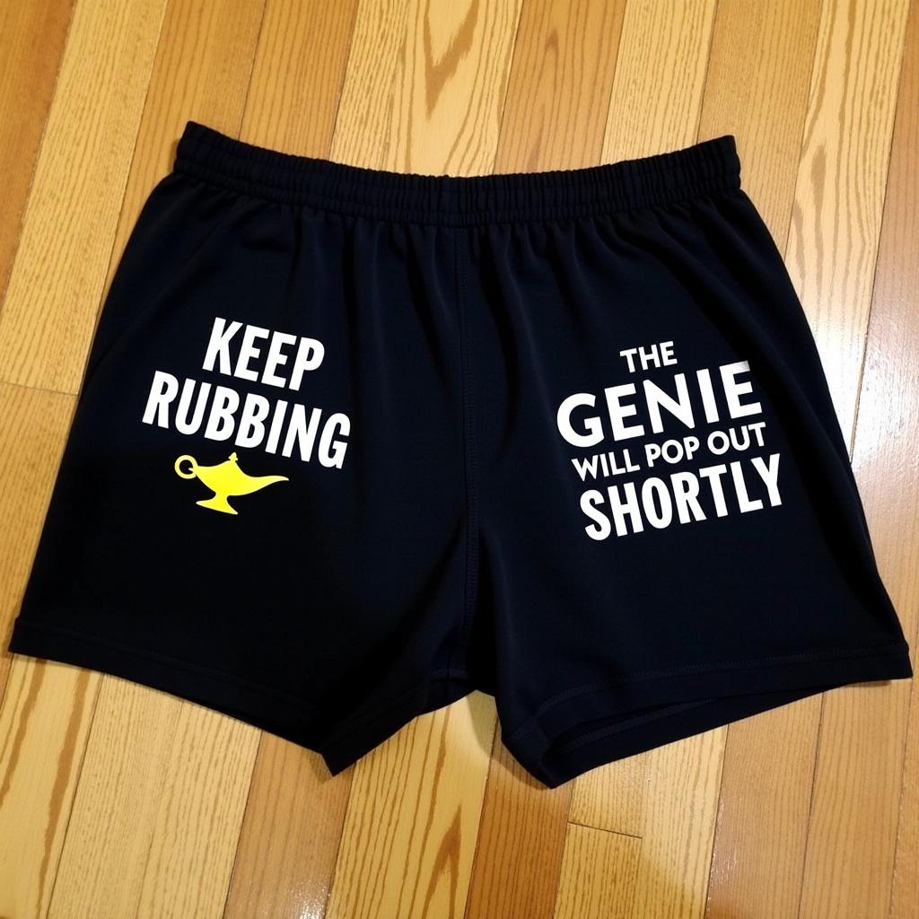 The image shows a pair of mens boxer shorts laid out on a wooden floor. The shorts are black in color and feature a humorous message on the front. The left side of the shorts has the phrase KEEP RUBBING written in white capital letters, and the right side has the phrase THE GENIE WILL POP OUT SHORTLY also in white capital letters.In the center of the shorts, there is a small, yellow genie lamp graphic, which is a playful nod to the classic tale of Aladdin and the magic lamp. The lamp is depicted with a simple design, lacking intricate details, but it serves its purpose as a visual pun.The overall art style of the shorts is playful and cartoonish, with a straightforward, bold approach to the typography and illustration. The medium appears to be screen printing or a similar method, given the evenness of the colors and the crispness of the text.The colors in the image are primarily black for the shorts, with the yellow of the genie lamp providing a pop of color. The white text stands out against the black background, making the message clear and humorous. The wooden floor beneath the shorts adds a warm, natural element to the composition, contrasting with the synthetic nature of the shorts.