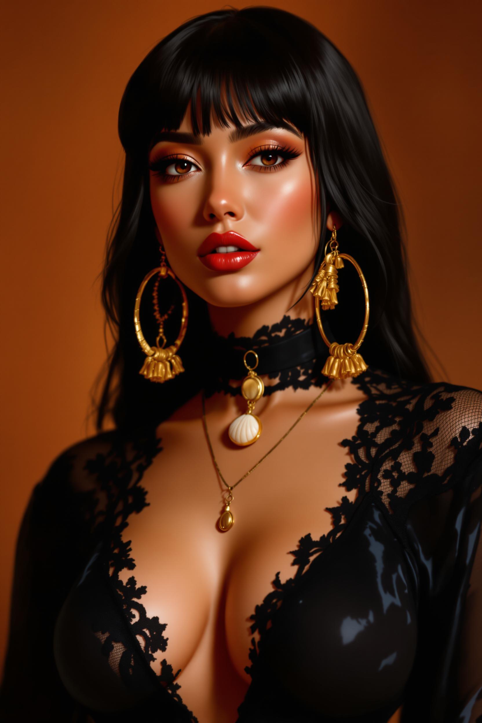 This is a digitally created image that showcases a person with a highly stylized and detailed appearance. The art style is reminiscent of digital painting with a touch of realism, characterized by smooth color transitions and a high level of detail in the textures and shading.The medium appears to be a digital painting software, which allows for a high degree of control over the brush strokes and color blending. The image has a glossy finish, which gives it a polished and professional look.The colors in the image are rich and vibrant, with a warm, earthy tone that sets a dramatic and moody atmosphere. The person is wearing a black ensemble that features intricate lace detailing, which adds a sense of elegance and sophistication to the overall look. The lace has a translucent quality, allowing the skin tone to show through, creating a seamless blend of textures.The person is also wearing a black choker with a shell pendant, which adds a touch of bohemian flair to the outfit. The choker has a simple yet striking design, with a wide band that wraps around the neck and a small, round pendant that hangs just below the chin.The person is also wearing a pair of large hoop earrings with a tassel design, which adds a sense of movement and playfulness to the overall look. The earrings are a rich gold color, which contrasts beautifully with the black of the outfit and the warm tones of the background.The persons hair is long and dark, with bangs that frame the face. The hair has a glossy finish, which reflects the light and adds depth to the overall look.The background is a warm, earthy tone that complements the black of the outfit and the rich colors of the accessories. The background is blurred, focusing the viewers attention on the subject.Overall, the image is a stunning example of digital painting, with a focus on detail, texture, and color. The subjects confident pose and the dramatic atmosphere of the image make it a captivating piece of art.
