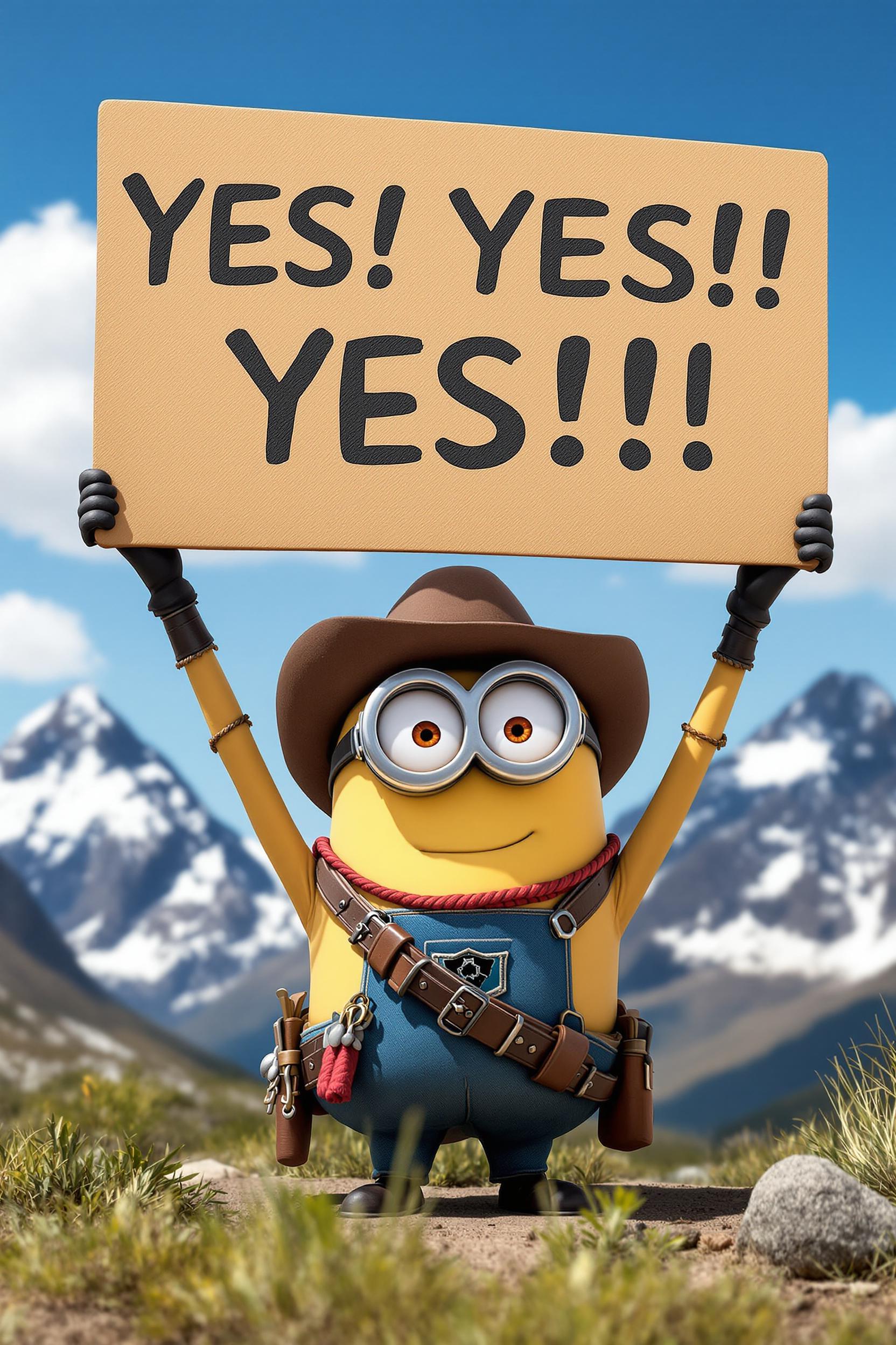 create a realistic photograph and a western minion, wearing a cowboy hat, gun belt and gun showing, holding a sign above his head that reads "YES! YES! YES!!!" background Canadian Rockies, clear sunny blue skies