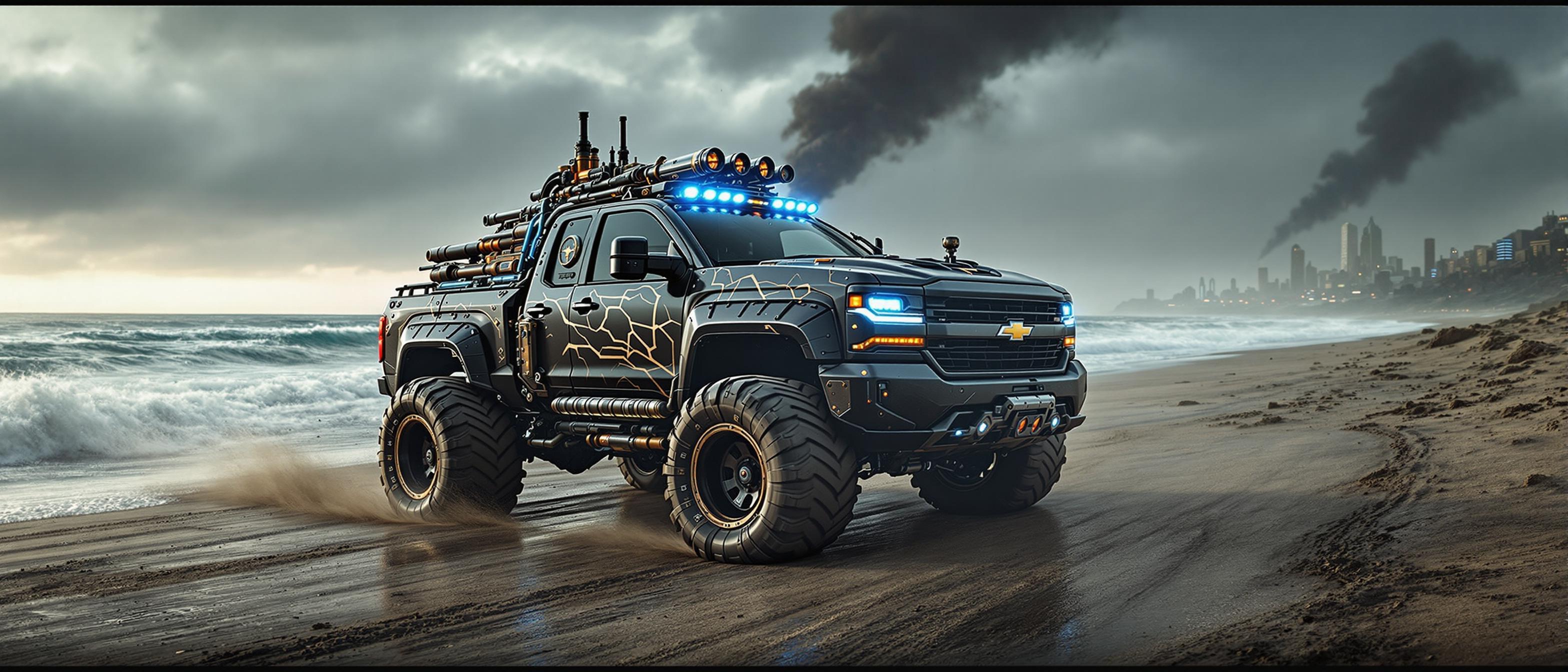 A hyper-realistic very steampunk masterpiece featuring a black and silver Chevrolet Silverado truck, infused with a Mad Max-inspired rugged aesthetic, adorned with intricate brass and copper detailing, guns, canon, riveted metal panels, and steam-powered mechanisms integrated into the chassis. The truck boasts a striking lightning color scheme with electric silver accents crackling across the dark matte black body, enhanced by oversized, gritty mud tires with deep treads caked in dirt and sand. The vehicle is captured mid-motion, driving down a weathered coastal road beside a turbulent beach, with frothy ocean waves crashing under a stormy, overcast sky. The truck bed is loaded with battle gear—spiked weapons, rusted armor plates, and futuristic steampunk gadgets—secured with leather straps and chains, exuding a sense of raw, post-apocalyptic power. The background reveals a futuristic war zone setting, with distant ruined skyscrapers, plumes of smoke rising into the air, and faint glowing neon lights piercing through the haze. The composition focuses on the truck as the central subject, shot from a low, dynamic angle to emphasize its towering presence and rugged details, with the beach and war-torn horizon stretching into the distance. The mood is gritty and intense, with dramatic lighting casting harsh shadows and highlighting the metallic textures, evoking a sense of chaos and survival. Rendered in a hyper-detailed, cinematic style with photorealistic textures, sharp contrasts, and a muted, desaturated color palette of blacks, silvers, and earthy tones, punctuated by subtle electric blue highlights.