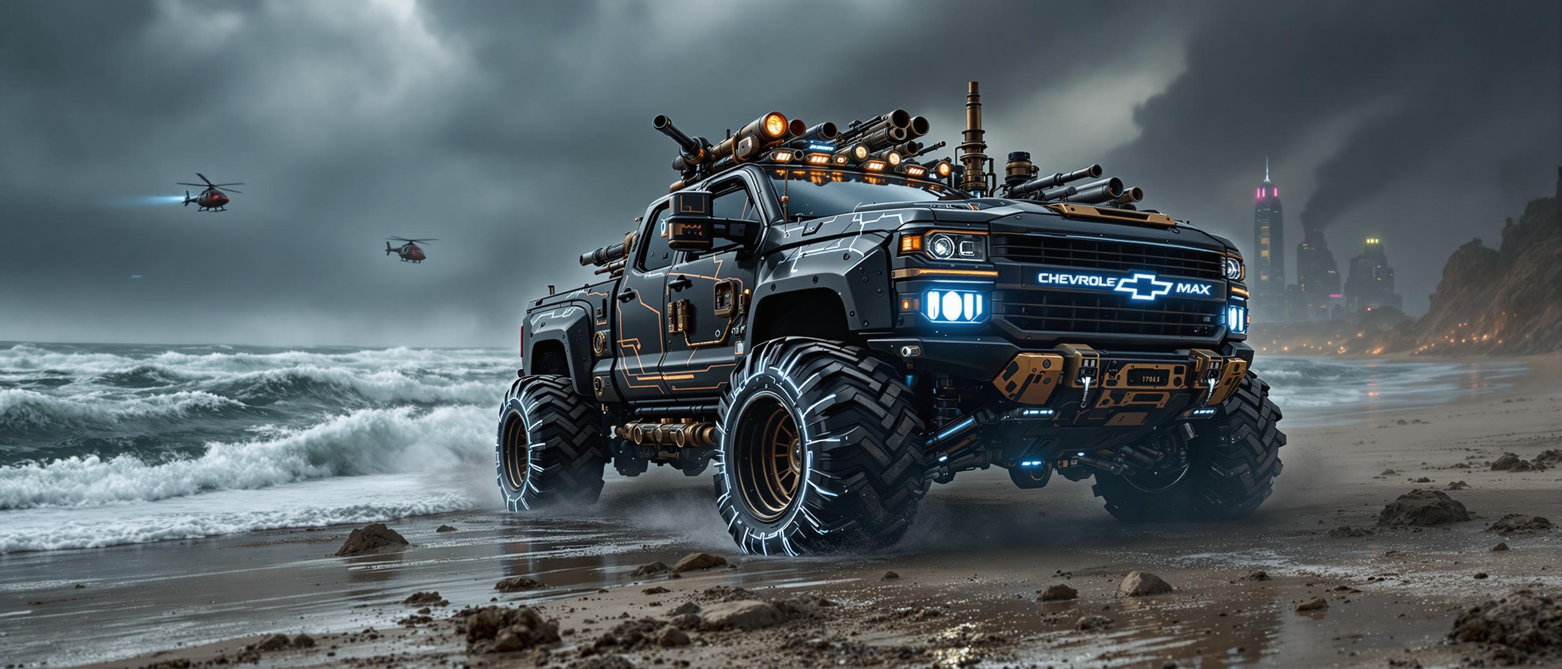 A hyper-realistic very steampunk masterpiece featuring a black and silver Chevrolet Silverado truck, infused with a Mad Max-inspired rugged aesthetic, adorned with intricate brass and copper detailing, guns, canon, riveted metal panels, and steam-powered mechanisms integrated into the chassis. The truck boasts a striking lightning color scheme with electric silver accents crackling across the dark matte black body, enhanced by oversized, gritty mud tires with deep treads caked in dirt and sand. The vehicle is captured mid-motion, driving down a weathered coastal road beside a turbulent beach, with frothy ocean waves crashing under a stormy, overcast sky. The truck bed is loaded with military battle gear — spiked gun weapons, rusted armor plates, and futuristic steampunk gadgets—secured with leather straps and chains, exuding a sense of raw, post-apocalyptic power. The background reveals a futuristic war zone setting, with distant ruined skyscrapers, plumes of smoke rising into the air, and faint glowing neon lights piercing through the haze. The composition focuses on the truck as the central subject, shot from a low, dynamic angle to emphasize its towering presence and rugged details, with the beach and war-torn horizon stretching into the distance. Helicopters flying. The mood is gritty and intense, with dramatic lighting casting harsh shadows and highlighting the metallic textures, evoking a sense of chaos and survival. Rendered in a hyper-detailed, cinematic style with photorealistic textures, sharp contrasts, and a muted, desaturated color palette of blacks, silvers, and earthy tones, punctuated by subtle electric blue highlights.