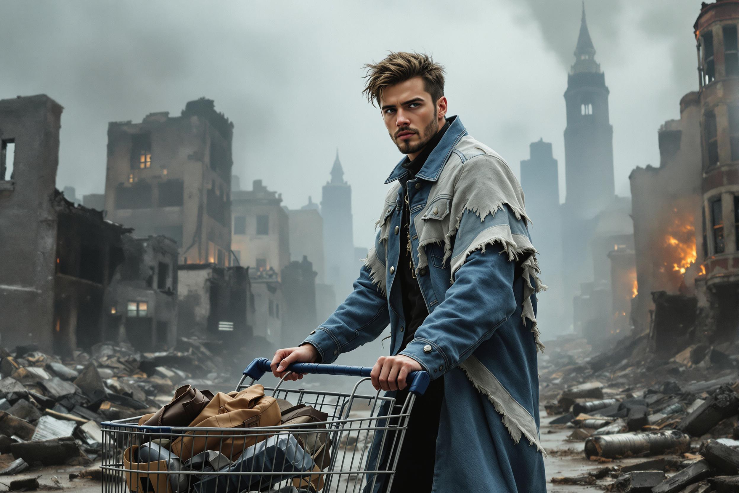 ultradetailed: Post-apocalyptic landscape of a city resembling San Francisco - ruins of tenement houses, burnt windows, fog and dust in the air. In the foreground, a young man looking at viewer, with a thoughtful expression on his face pushes a shopping cart with belongings. Dressed in a long, ragged, flared denim coat - light blue and white resembling a mourning cape. His hair is bristling, stubble is a few days old,his face is natural, realistic,full of melancholy. Chiaroscuro.glazing.oil.8k.