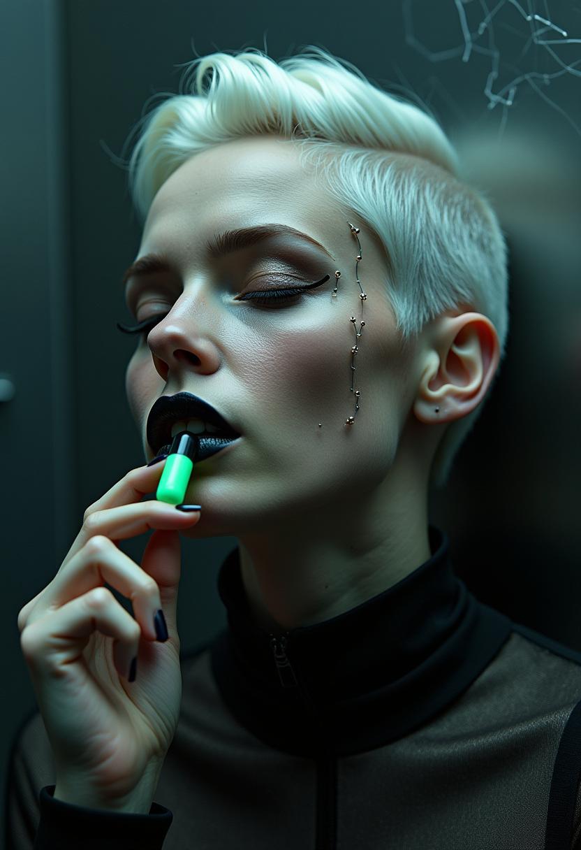 ultradetailed chiaroscuro industrial: Portrait of a woman with platinum hair, combed back and with shaved sides, eyes closed, lips black, holding a small, fluorescent, green capsule with her teeth. Face clear, with ultradetailed skin texture - visible pores, natural light, realistic shadows. On the temples metal diodes sparking like a Faraday cage. The background is a dark, steel wall with a network of silver discharges. Message: tension between technology and body. 8k.