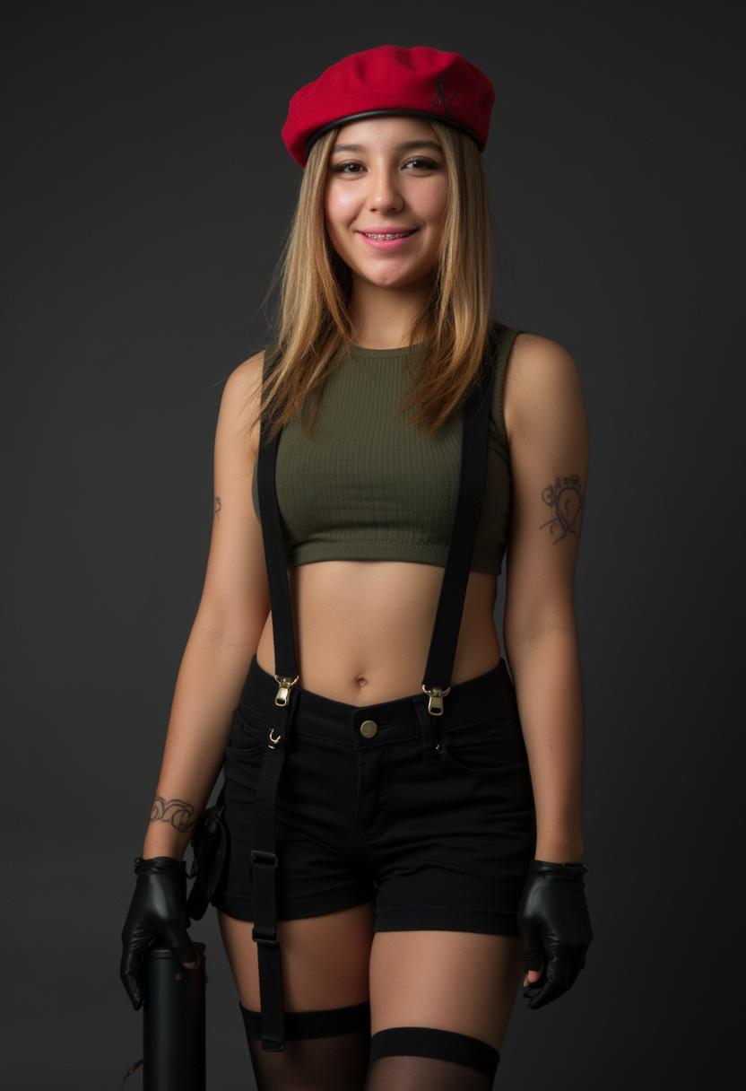 a photo of MEX, This photo features a young woman 18 years dressed in a military inspired costume, standing against a dark gray background. The costume is a mix of olive green and black, with a high neckline and a cropped top that reveals the midriff. The top has a small red emblem on the left side, which appears to be a stylized shield or crest. The woman has blonde hair, freckles, cute, is also wearing a pair of high waisted shorts with a similar color scheme, detailed with black suspenders and a belt with a gold buckle. The shorts have a thigh-high slit, and the person is wearing black thigh-high stockings with a similar design to the suspenders.The person is accessorized with a red beret, which has a black band and a small red emblem on the front. They are also wearing black gloves that reach just past the wrists, and a black utility belt with pouches on the front. The person is holding a black, cylindrical object, which could be a prop or accessory related to the costume.The art style of the image is realistic with a focus on lighting and shadow to give depth and dimension to the costume and the persons pose. The medium appears to be a photograph, given the clarity and texture of the image. The colors are muted, with the olive green and black creating a military palette, accented by the bright red of the beret and emblem. The lighting is dramatic, with the person standing in a spotlight against the dark background, which highlights the details of the costume and the persons physique. Flash bulb effect