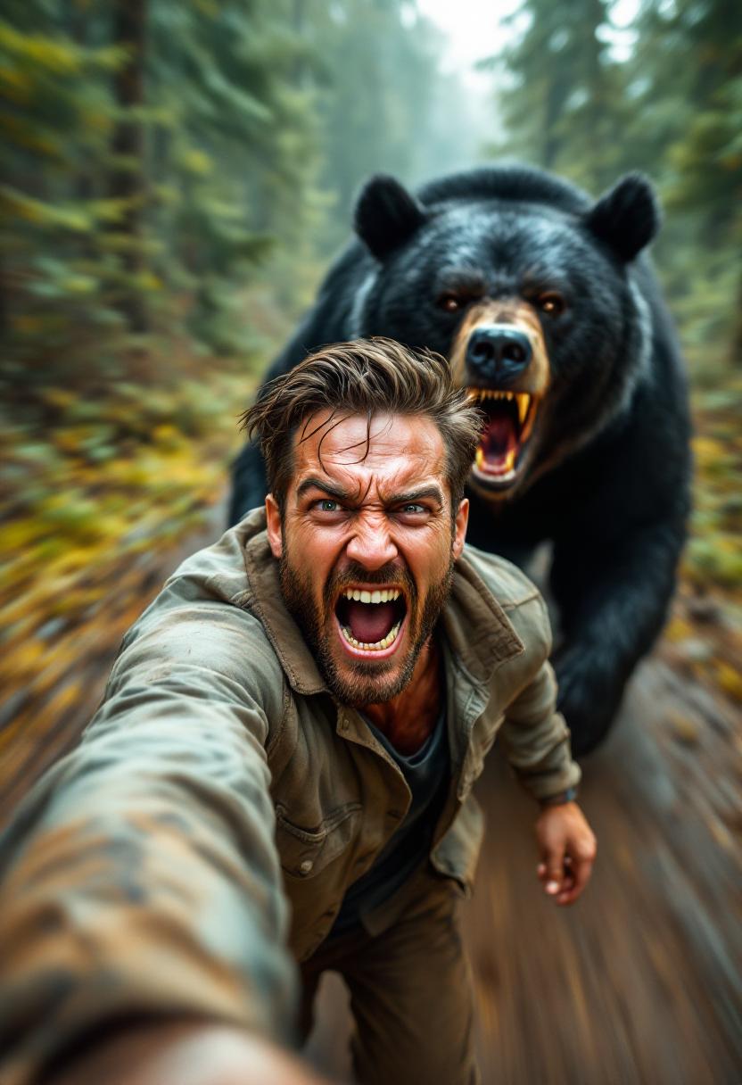 An ultra-realistic, high-definition 8K image of a man holding a camera in his hand, taking a selfie while running at full speed, with a massive black bear chasing him from behind. The man is mid-stride, his body angled slightly forward, clearly pushing himself to his physical limits to escape. His facial expression is a mix of pure terror and adrenaline, with wide-open eyes and his mouth in a scream or shout. Sweat drips down his face, and his clothes are slightly disheveled from the intense movement. The black bear behind him is enormous and menacing, with sharp teeth bared and powerful muscles visible beneath its thick, glossy fur. Its claws dig into the dirt as it charges aggressively. The proximity between the man and the bear creates an edge-of-your-seat tension. The scene is shot in a dramatic GoPro-style wide-angle perspective, emphasizing the man in the foreground while showing the bear looming in the background. Motion blur enhances the feeling of high-speed movement, with the dense forest around them slightly out of focus due to the action. The forest features tall trees with sunlight filtering through the canopy, casting dappled light and shadows. The ground is covered with leaves, dirt, and roots, creating a dynamic, rugged environment. Every detail, from the man's sweat to the bear's fur and the forest's textures, is rendered with photorealistic clarity. The overall atmosphere is intense, cinematic, and adrenaline-fueled