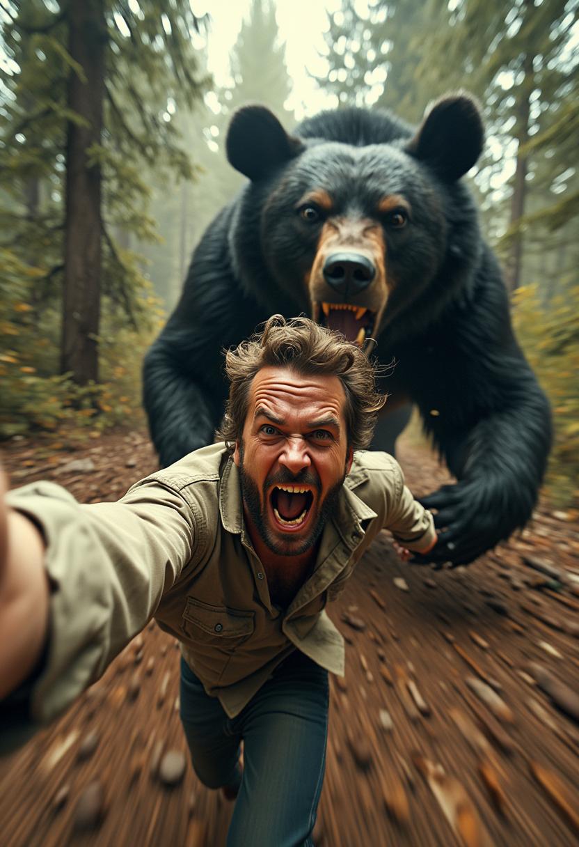 An ultra-realistic, high-definition 8K image of a man holding a camera in his hand, taking a selfie while running at full speed, with a massive black bear chasing him from behind. The man is mid-stride, his body angled slightly forward, clearly pushing himself to his physical limits to escape. His facial expression is a mix of pure terror and adrenaline, with wide-open eyes and his mouth in a scream or shout. Sweat drips down his face, and his clothes are slightly disheveled from the intense movement. The black bear behind him is enormous and menacing, with sharp teeth bared and powerful muscles visible beneath its thick, glossy fur. Its claws dig into the dirt as it charges aggressively. The proximity between the man and the bear creates an edge-of-your-seat tension. The scene is shot in a dramatic GoPro-style wide-angle perspective, emphasizing the man in the foreground while showing the bear looming in the background. Motion blur enhances the feeling of high-speed movement, with the dense forest around them slightly out of focus due to the action. The forest features tall trees with sunlight filtering through the canopy, casting dappled light and shadows. The ground is covered with leaves, dirt, and roots, creating a dynamic, rugged environment. Every detail, from the man's sweat to the bear's fur and the forest's textures, is rendered with photorealistic clarity. The overall atmosphere is intense, cinematic, and adrenaline-fueled