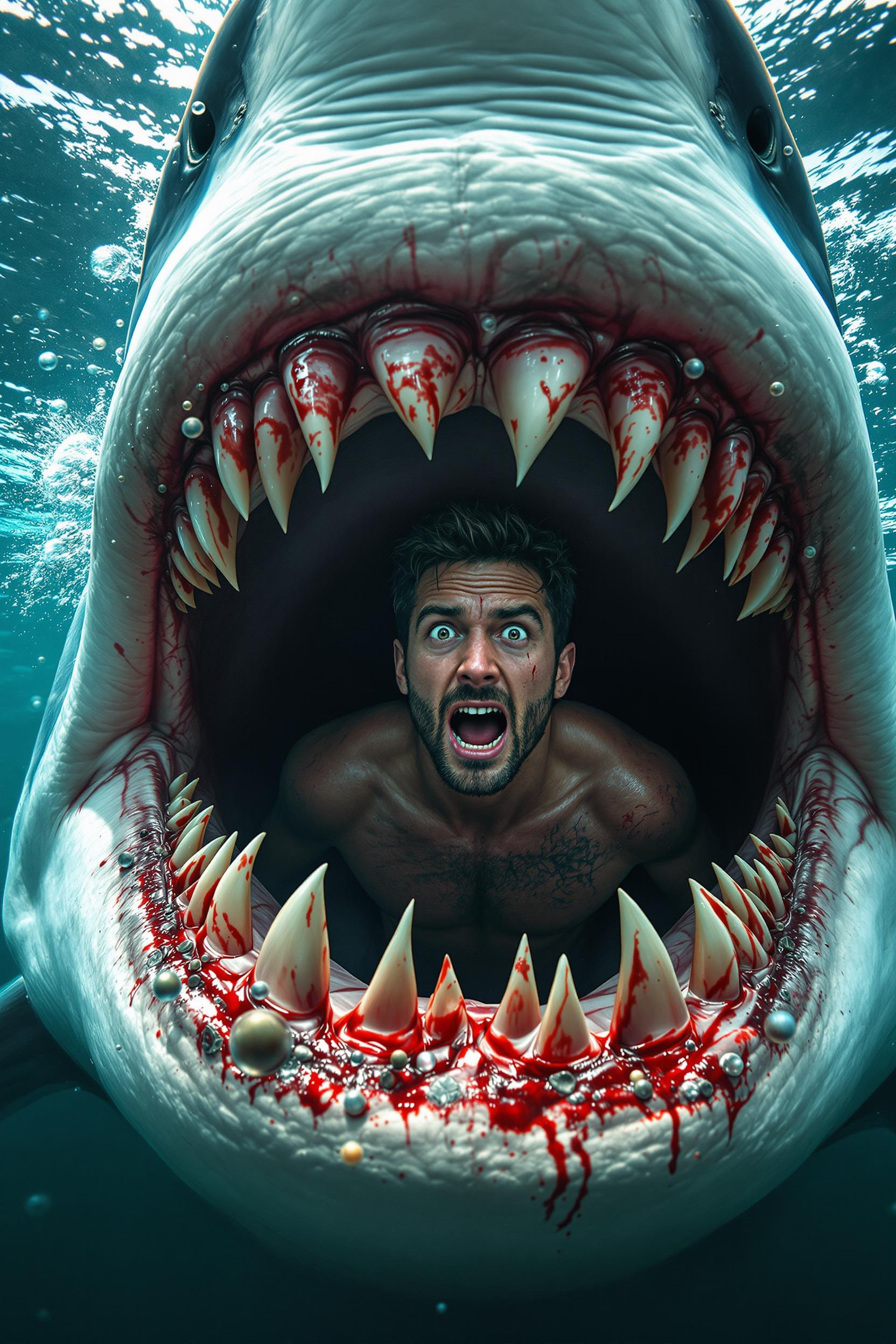 A hyper-realistic photograph of a man trapped inside the gaping mouth of a great white shark, his upper body visible as he gazes out with a mix of fear and defiance. The man, in his mid-30s, has a rugged appearance with short, tousled hair and a torn wetsuit, blood and scratches marking his torso where the shark's razor-sharp teeth grip his waist. The shark's massive jaws are detailed with jagged, serrated teeth glistening with water and faint traces of blood, its rough, grayish-white skin textured with scars and imperfections. The interior of the shark's mouth is dark and moist, with visible ridges and a faint reddish hue, contrasting with the pale, panicked skin of the man. The scene is captured underwater, with diffused, murky blue-green lighting filtering through the ocean depths, bubbles rising chaotically around the struggle. The composition focuses on a close-up, frontal view, with the shark's mouth framing the man like a terrifying natural cage, emphasizing the raw power and danger of the predator. The mood is tense and harrowing, evoking a sense of imminent peril and survival instinct, with subtle rays of sunlight piercing the water from above to highlight the dramatic interplay of life and death. Shot with a high-definition underwater photography style, featuring sharp focus on the textures of teeth and skin, a slight wide-angle lens distortion for intensity, and a cinematic depth of field to keep the foreground razor-sharp against the hazy ocean backdrop.