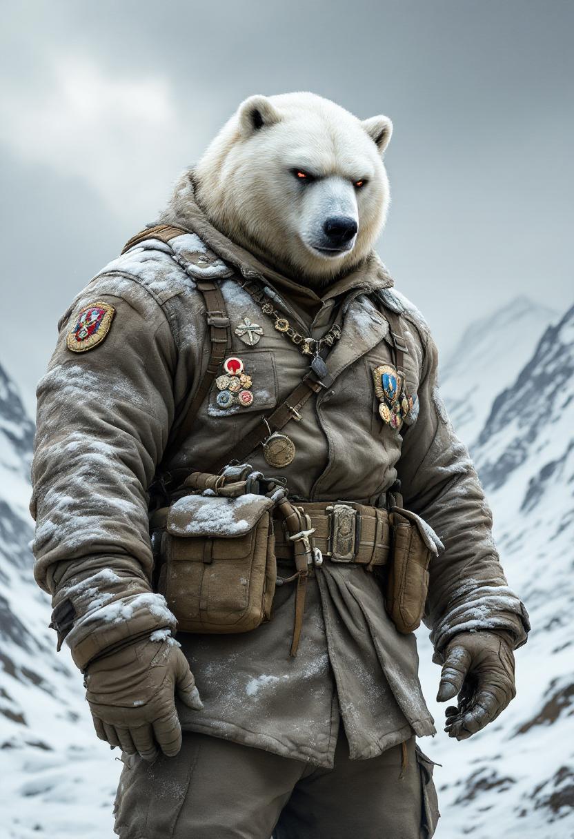 The image portrays a powerful Russian soldier in a snowy, desolate landscape. His muscular, human body contrasts with a polar bear-like head, featuring thick fur and intense eyes. Clad in a weathered military uniform blending earthy tones with snow patches, adorned with medals and insignias. The background shows icy terrain and jagged mountains under a gray, cloud-heavy sky, suggesting isolation. Positioned off-center, the soldier conveys readiness for conflict. Dynamic composition and low-angle perspective highlight his imposing presence, softened by diffused lighting emphasizing textures. Keywords: surrealism, realism, dramatic, high contrast, dynamic composition, low angle perspective, muted palette, soft lighting, detailed textures, tension.
