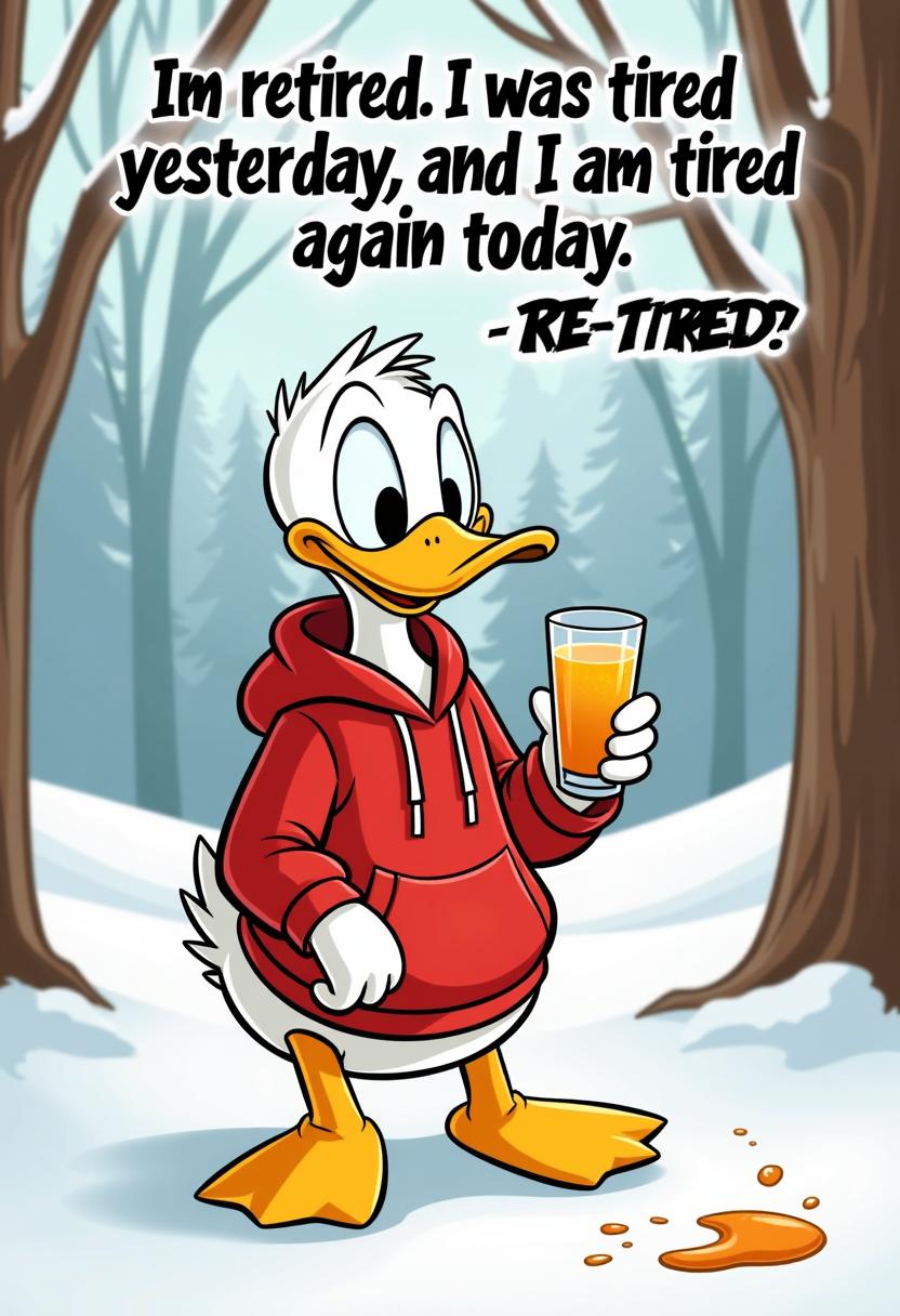This image features a cartoon depiction of a duck, specifically resembling Donald Duck from Disney, standing in a forest setting. The duck is wearing a red hoodie and brown pants, holding a glass of orange juice. There is a spilled orange juice stain on the ground, suggesting the duck may have knocked over the glass. The background shows a snowy landscape with trees, indicating a cold environment.The art style is cartoonish with a bold, clean line that gives the image a playful and humorous feel. The colors are bright and vivid, with the red of the hoodie standing out against the white of the ducks belly and the snowy background. The orange of the juice adds a pop of color to the scene.The text in the image reads, "Im retired. I was tired yesterday, and I am tired again today. RE-TIRED." This text plays on the word retired to suggest a humorous sense of being tired to the point of retirement, which is emphasized by the repetition of the word and the pun RETIRED.Overall, the image is a playful take on the concept of being tired, using the familiar character of Donald Duck and a pun to create a lighthearted and amusing visual joke.
