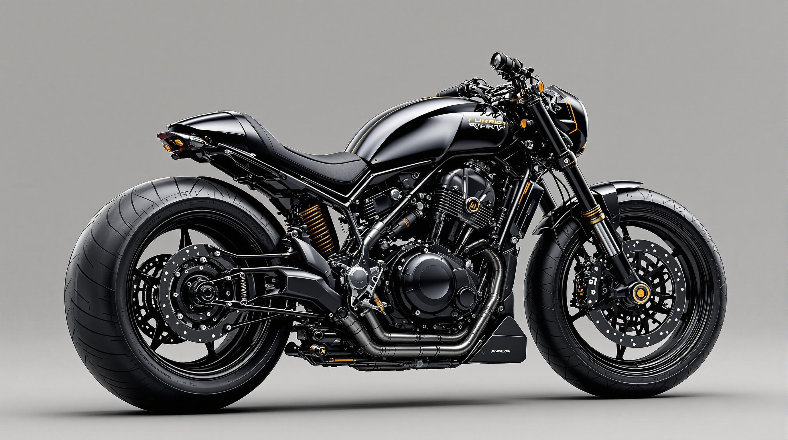 This image features a highly detailed and stylized rendering of a motorcycle. The motorcycle is presented in profile view, with a focus on its mechanical and aerodynamic design. The art style is reminiscent of a blend of industrial and cyberpunk aesthetics, with a futuristic and possibly science fiction influence.The medium appears to be a digital rendering, likely created using 3D modeling and texturing software, given the high level of detail and realism. The lighting and shadows are expertly rendered to give the image a threedimensional quality, and the reflective surfaces of the motorcycle catch the light in a way that suggests a polished, metallic finish.The colors in the image are primarily dark and muted, with a few accents of orange and yellow that provide contrast and highlight certain mechanical details. The motorcycle itself is predominantly black, with touches of gray and bronze, which gives it a sleek, monochromatic look. The wheels are a deep black with a metallic sheen, and the tires have a realistic tread pattern.The objects in the image are primarily the motorcycle and its components. The motorcycle is designed with a low center of gravity, a wide stance, and a streamlined body that tapers towards the rear. It has a large, wide rear tire and a smaller front tire, which is a common feature in motorcycles designed for high performance and stability. The bikes engine is prominently displayed, with intricate details that suggest a highpowered, possibly turbocharged engine.The motorcycles seat is low and narrow, with a high backrest, which is typical of sport bikes. The handlebars are swept back, and the controls are ergonomically placed for the riders comfort and ease of use. The bikes suspension system is visible, with coil springs and shock absorbers that are essential for handling and comfort on the road.Overall, the image exudes a sense of advanced technology and power, with a design that is both functional and aesthetically pleasing. The attention to detail and the use of lighting and shadow to create depth and realism are indicative of a highquality digital rendering.