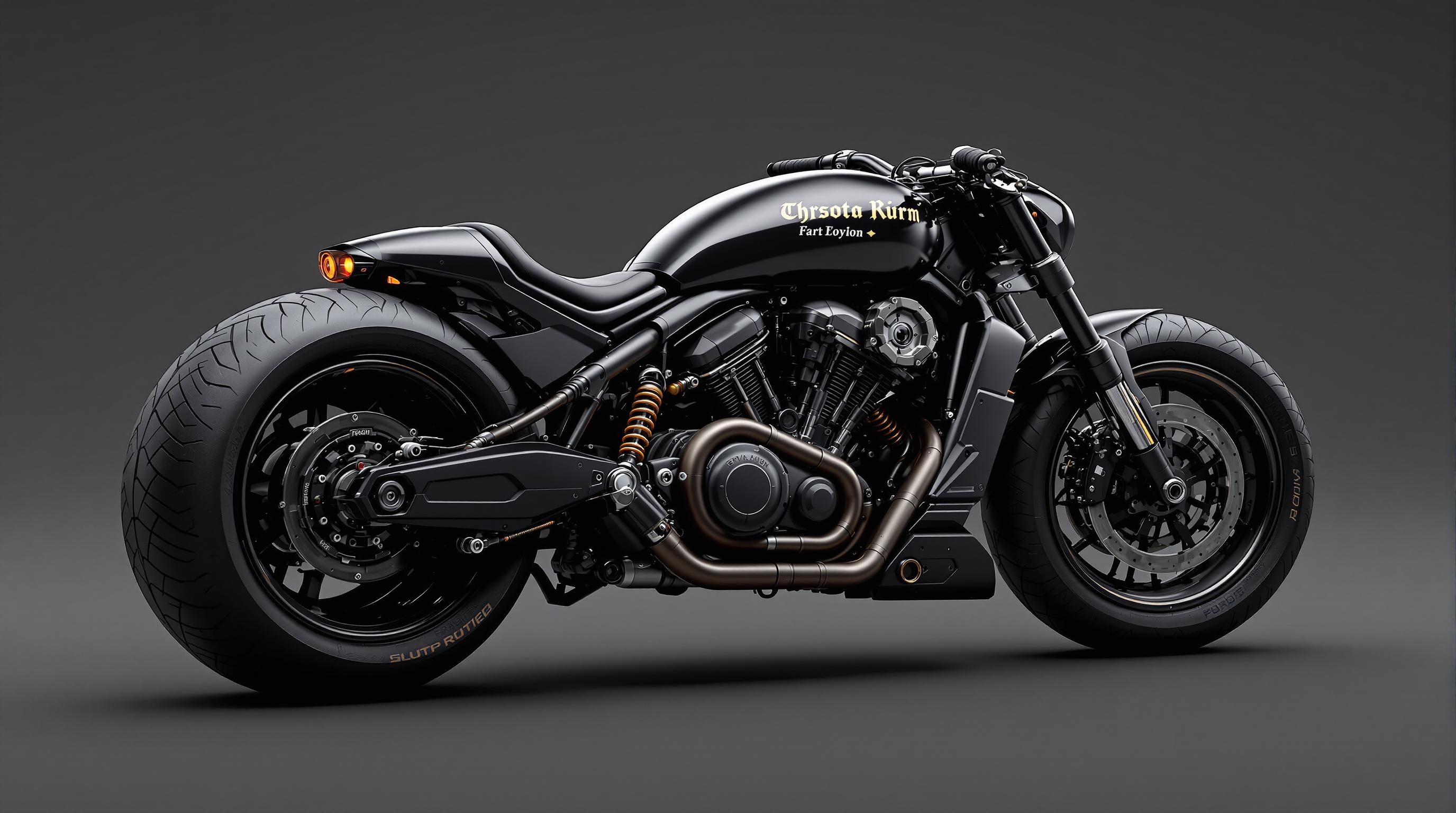 This image features a highly detailed and stylized rendering of a motorcycle. The motorcycle is presented in profile view, with a focus on its mechanical and aerodynamic design. The art style is reminiscent of a blend of industrial and cyberpunk aesthetics, with a futuristic and possibly science fiction influence.The medium appears to be a digital rendering, likely created using 3D modeling and texturing software, given the high level of detail and realism. The lighting and shadows are expertly rendered to give the image a threedimensional quality, and the reflective surfaces of the motorcycle catch the light in a way that suggests a polished, metallic finish.The colors in the image are primarily dark and muted, with a few accents of orange and yellow that provide contrast and highlight certain mechanical details. The motorcycle itself is predominantly black, with touches of gray and bronze, which gives it a sleek, monochromatic look. The wheels are a deep black with a metallic sheen, and the tires have a realistic tread pattern.The objects in the image are primarily the motorcycle and its components. The motorcycle is designed with a low center of gravity, a wide stance, and a streamlined body that tapers towards the rear. It has a large, wide rear tire and a smaller front tire, which is a common feature in motorcycles designed for high performance and stability. The bikes engine is prominently displayed, with intricate details that suggest a highpowered, possibly turbocharged engine.The motorcycles seat is low and narrow, with a high backrest, which is typical of sport bikes. The handlebars are swept back, and the controls are ergonomically placed for the riders comfort and ease of use. The bikes suspension system is visible, with coil springs and shock absorbers that are essential for handling and comfort on the road.Overall, the image exudes a sense of advanced technology and power, with a design that is both functional and aesthetically pleasing. The attention to detail and the use of lighting and shadow to create depth and realism are indicative of a highquality digital rendering.