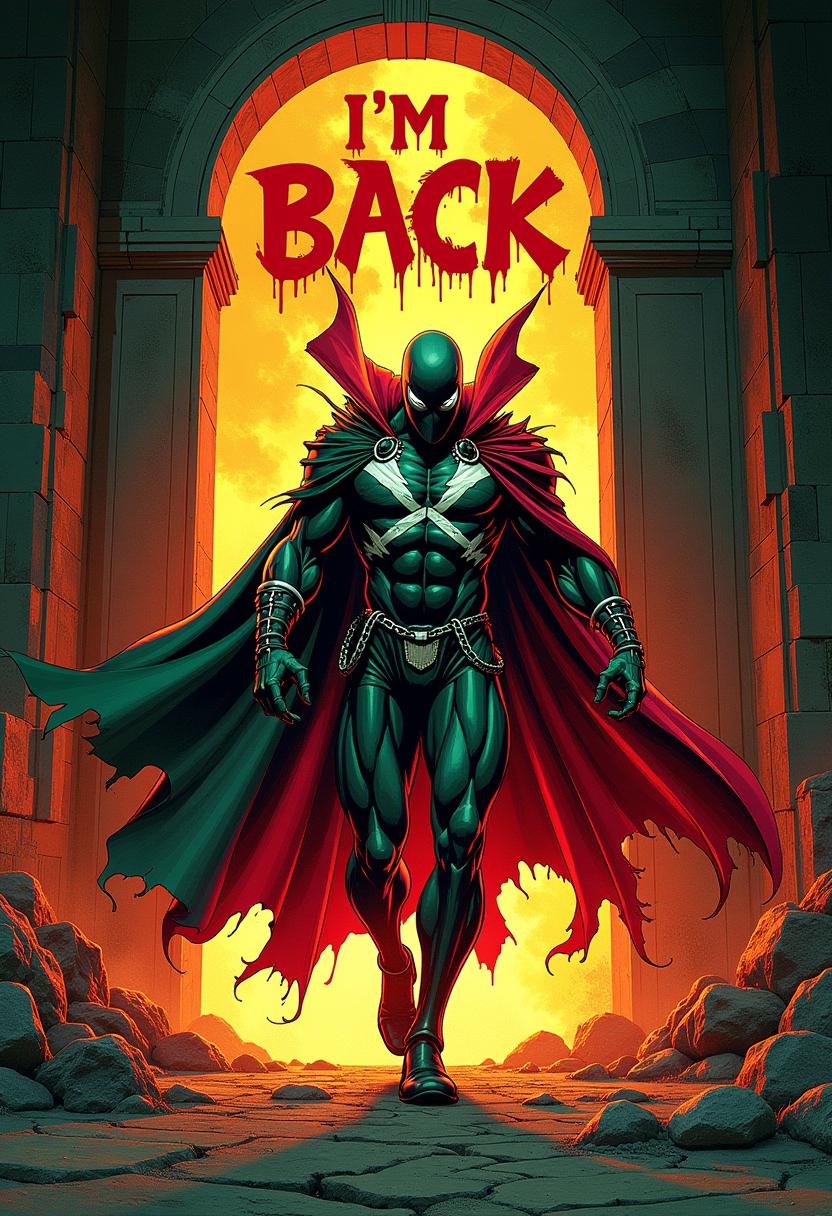 text overlay reads  "'I'M BACK" written in big, screaming, red, dripping letters. Spawn steps determinedly through the gates of hell into the overworld, highly detailed drawing, blazing flames,dramatic lighting, horror theme, McFarlane style, chains, flowing dark green cape, demonic
textures, dark and gloomy depiction, graphic novel illustration, intense action pose.text "I'M
BACK" written in big, screaming, red, dripping letters. Spawn steps determinedly through the
gates of hell into the overworld, highly detailed drawing, blazing flames, dramatic lighting,
horror theme, McFarlane style, chains, flowing dark green cape, demonic textures, dark and
gloomy depiction, graphic novel illustration, intense action pose.