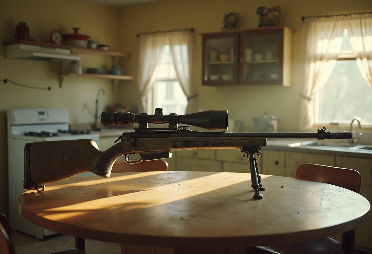 create a realistic photography of a TAC 50 cal BMG rifle in a 1950's kitchen sitting on a kitchen table