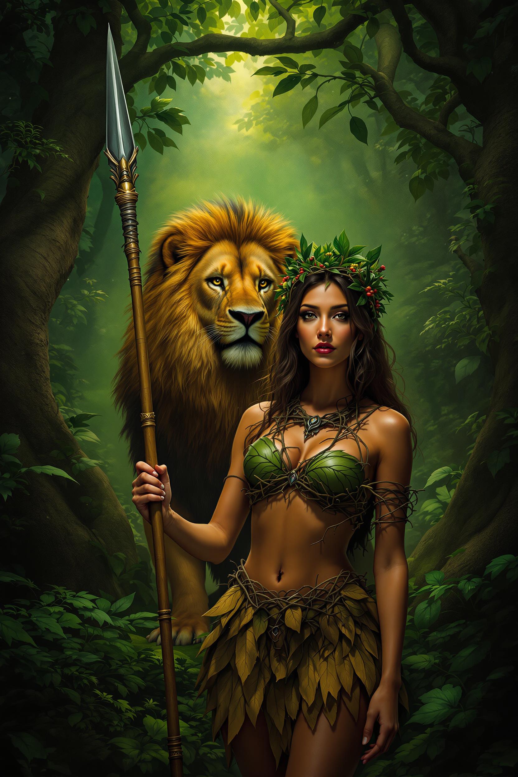 This image is a realistic photography that depicts a scene set in a dense, green forest. The art style is fantastical, with a strong emphasis on the characters and the surrounding environment, which is rich in detail and texture.The medium appears to be a digital painting, given the smooth blending of colors and the lack of brush strokes. The lighting in the image is dramatic, with a warm, golden hue that filters through the canopy of the trees, casting a mystical glow on the scene.The colors in the image are vibrant and varied, with a dominant palette of greens, browns, and earth tones that evoke a sense of the natural world. The lions fur is a rich, golden brown, with darker shading around the mane and face, which adds depth and realism to the creatures appearance. The womans skin tone is a warm, caramel brown, which complements the earthy tones of her costume.The objects in the image include1. A spear, held by the woman in the center of the frame. The spear has a wooden shaft and a pointed, spearhead at the end, which is tipped with a metal point for added strength and penetration.2. A lion, standing behind the woman. The lion has a full mane and a muscular, powerful build, with a regal and noble bearing. Its eyes are focused and intense, and its expression is one of calm and attentiveness.3. The womans costume consists of a top made of woven branches and leaves, with a fitted bodice that contours her figure. The skirt is made of large, overlapping leaves, which are attached to a belt around her waist. The costume is completed with a headpiece that resembles a crown, adorned with twigs, leaves, and berries, which adds to the overall mystical and wild aesthetic.4. The background of the image is filled with lush greenery, including various types of trees, shrubs, and underbrush. The leaves and foliage are detailed and textured, with a sense of depth and dimension that gives the scene a three-dimensional quality.Overall, the image is a rich and immersive portrayal of a fantastical forest scene, with a strong emphasis on the characters and the surrounding environment. The use of color, lighting, and texture brings the scene to life, creating a sense of wonder and enchantment.