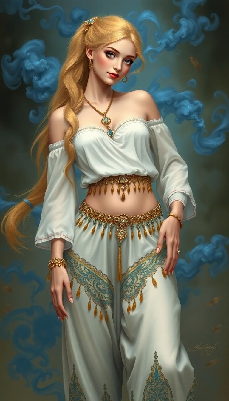 Anna Dittmann fantasy art, 
sandro botticelli gustav klimt surrealism,
genie, perfect body, perfect eyes, long blonde ponytail , gold jeweled hair tie, white two-piece gold tasseled, jeweled blue harem pants, sassy, gold filigree, belly chain, hands on hips, blue smoke, leaning forward, perfect dainty hands,