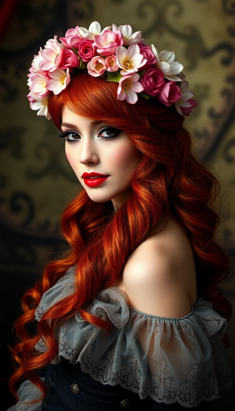 A (((beautiful woman))) with flowing, cascade-like (((red hair))), artfully styled in a (((Flower Crown Haircut))), featuring intricate, softly blending (((pink and white flowers))), evoking a whimsically sophisticated air, complemented by (((red lipstick))) and (((black eye makeup))), alluringly posed in a (((theatrical scene))) with a (((fantastical dress))), reminiscent of the (Mystical and Magical) aesthetic that combines a touch of (Tim Burton's) Gothic sophistication with a (Ruffler's) whimsical charm