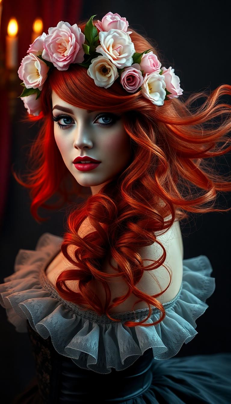 A (((beautiful woman))) with flowing, cascade-like (((red hair))), artfully styled in a (((Flower Crown Haircut))), featuring intricate, softly blending (((pink and white flowers))), evoking a whimsically sophisticated air, complemented by (((red lipstick))) and (((black eye makeup))), alluringly posed in a (((theatrical scene))) with a (((fantastical dress))), reminiscent of the (Mystical and Magical) aesthetic that combines a touch of (Tim Burton's) Gothic sophistication with a (Ruffler's) whimsical charm