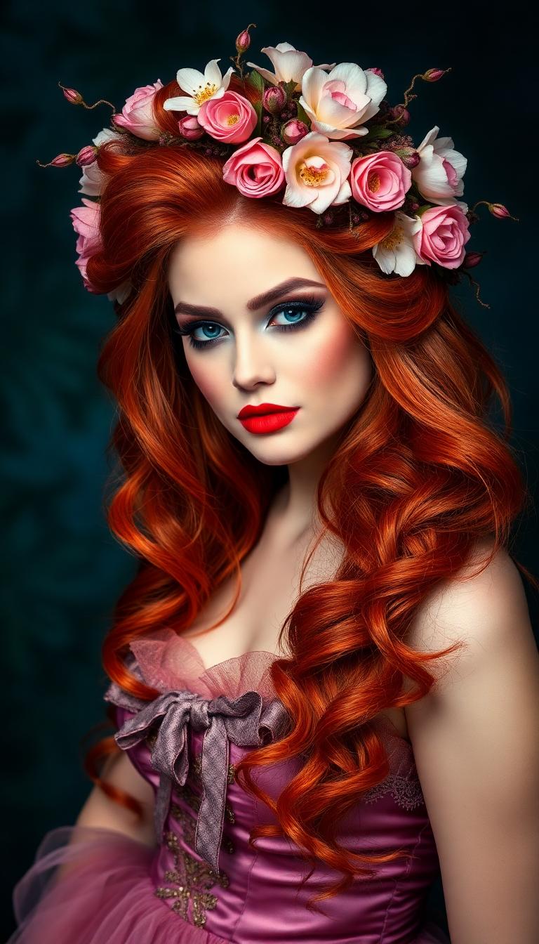 A (((beautiful woman))) with flowing, cascade-like (((red hair))), artfully styled in a (((Flower Crown Haircut))), featuring intricate, softly blending (((pink and white flowers))), evoking a whimsically sophisticated air, complemented by (((red lipstick))) and (((black eye makeup))), alluringly posed in a (((theatrical scene))) with a (((fantastical dress))), reminiscent of the (Mystical and Magical) aesthetic that combines a touch of (Tim Burton's) Gothic sophistication with a (Ruffler's) whimsical charm