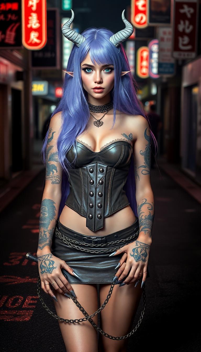 A captivating girl with a unique and alluring design. She stands confidently. Her long, flowing hair is a vibrant shade of lavender, cascading down her bare shoulders and framing her delicately structured face, which boasts a pair of piercing, emerald eyes that seem to penetrate the soul. Above her neck, a pair of small horns curve elegantly, hinting at her otherworldly origins. Her top is a sleek, form-fitting leather corset, and her toned abs, while leaving her lower body clad in a short skirt. The skirt is adorned with chains and metal studs, giving an edgy contrast to her soft, supple thighs. Her arms are covered in intricate tattoos that extend from her wrists to her biceps, each design telling a story of passion and power. Her hands are adorned with long, sharp nails painted a gleaming silver, and she holds a fiery whip that coils around her waist. The background is a dark, moody cityscape with neon lights reflecting off wet asphalt, setting a tantalizingly dangerous tone. The scene is illuminated by a single streetlamp, casting dramatic shadows that play upon her sculpted form.