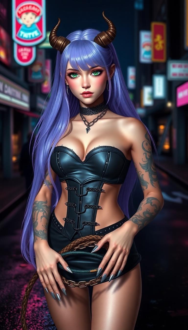 A captivating girl with a unique and alluring design. She stands confidently. Her long, flowing hair is a vibrant shade of lavender, cascading down her bare shoulders and framing her delicately structured face, which boasts a pair of piercing, emerald eyes that seem to penetrate the soul. Above her neck, a pair of small horns curve elegantly, hinting at her otherworldly origins. Her top is a sleek, form-fitting leather corset, and her toned abs, while leaving her lower body clad in a short skirt. The skirt is adorned with chains and metal studs, giving an edgy contrast to her soft, supple thighs. Her arms are covered in intricate tattoos that extend from her wrists to her biceps, each design telling a story of passion and power. Her hands are adorned with long, sharp nails painted a gleaming silver, and she holds a fiery whip that coils around her waist. The background is a dark, moody cityscape with neon lights reflecting off wet asphalt, setting a tantalizingly dangerous tone. The scene is illuminated by a single streetlamp, casting dramatic shadows that play upon her sculpted form.