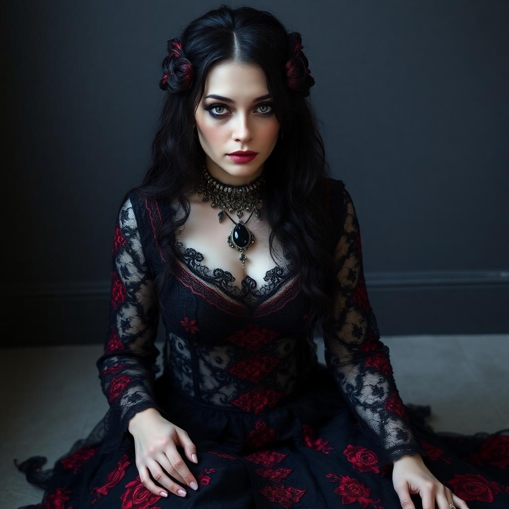 Dark gothic, dressed in an intricately designed, floor-length black lace gown adorned with crimson lace trimmings. Her hair is a cascade of raven locks, woven with shimmering threads of the same crimson hue, which contrast sharply against her alabaster skin. Sat on the floor. Her eyes, piercing and ice-blue, are highlighted by dramatic, smoky makeup that accentuates the sharp angles of her cheekbones and the intensity of her stare. Around her neck, she wears a heavy, antique silver choker, from which hangs a large, black onyx gem that rests upon the hollow of her neck.