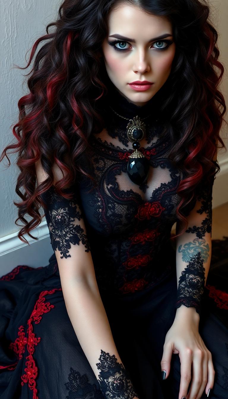 Dark gothic, dressed in an intricately designed, floor-length black lace gown adorned with crimson lace trimmings. Her hair is a cascade of raven locks, woven with shimmering threads of the same crimson hue, which contrast sharply against her alabaster skin. Sat on the floor. Her eyes, piercing and ice-blue, are highlighted by dramatic, smoky makeup that accentuates the sharp angles of her cheekbones and the intensity of her stare. Around her neck, she wears a heavy, antique silver choker, from which hangs a large, black onyx gem that rests upon the hollow of her neck.