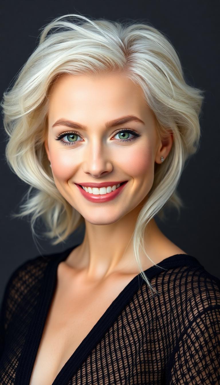 Description and prompt: A high-resolution portrait of a smiling woman with voluminous, wavy platinum white hair and glowing skin. Her light green eyes are softly lit, framed by natural makeup and defined brows. She wears a black textured garment, adding contrast against a smooth dark gray background. The lighting is soft and studio-like, highlighting skin texture and hair definition with minimal shadows. The overall tone is elegant, fresh, and editorial. Created Using: Canon EOS R5, 85mm lens, studio beauty lighting rig, natural retouch workflow, fashion magazine photography style, hd quality, natural look.